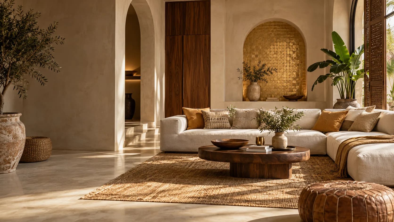 Illustration : intérieur contemporain marocain, bois, pierre et matières naturelles.
