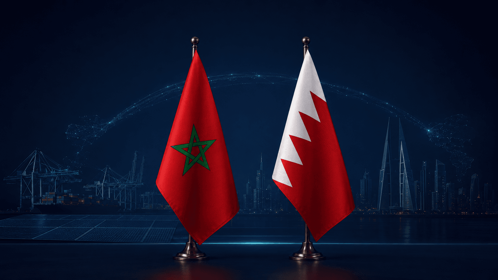 Drapeaux du Maroc et du Bahreïn illustrant six corridors d’investissement entre le Golfe, l’Afrique et l’Europe.