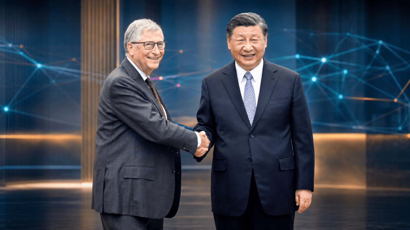 Bill Gates et Xi Jinping lors d’une rencontre, dans une composition éditoriale illustrant la coopération mondiale sur la gouvernance de l’intelligence artificielle.