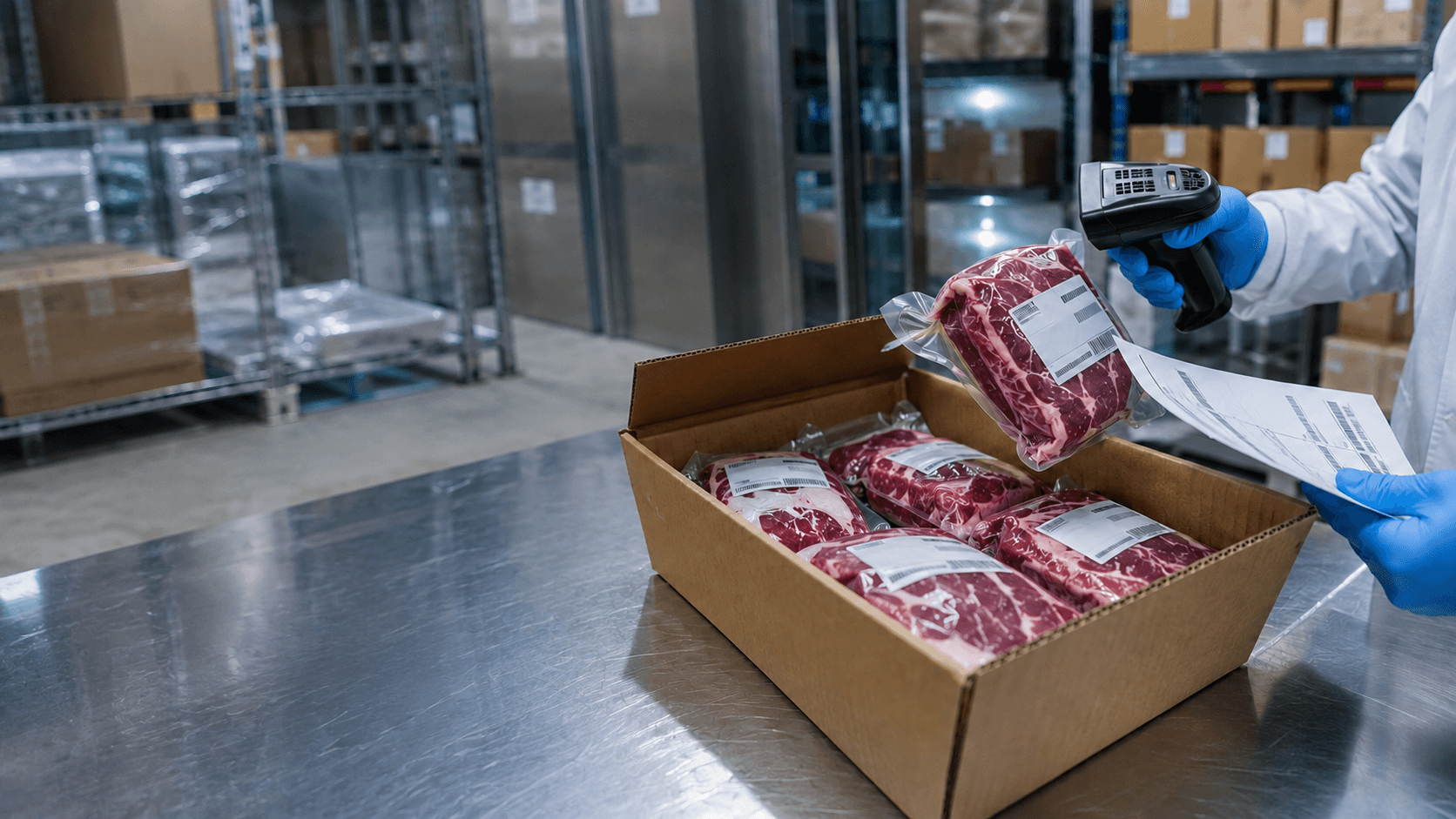 Food safety inspector scanning vacuum-packed beef during an import traceability check in a refrigerated facility.