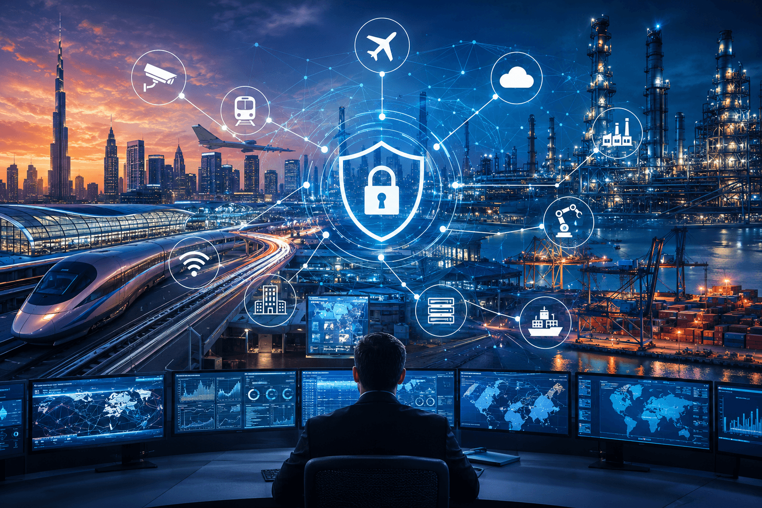 Infrastructure critique connectée illustrant la convergence cyber-physique, OT, IoT et résilience opérationnelle à l’horizon 2030