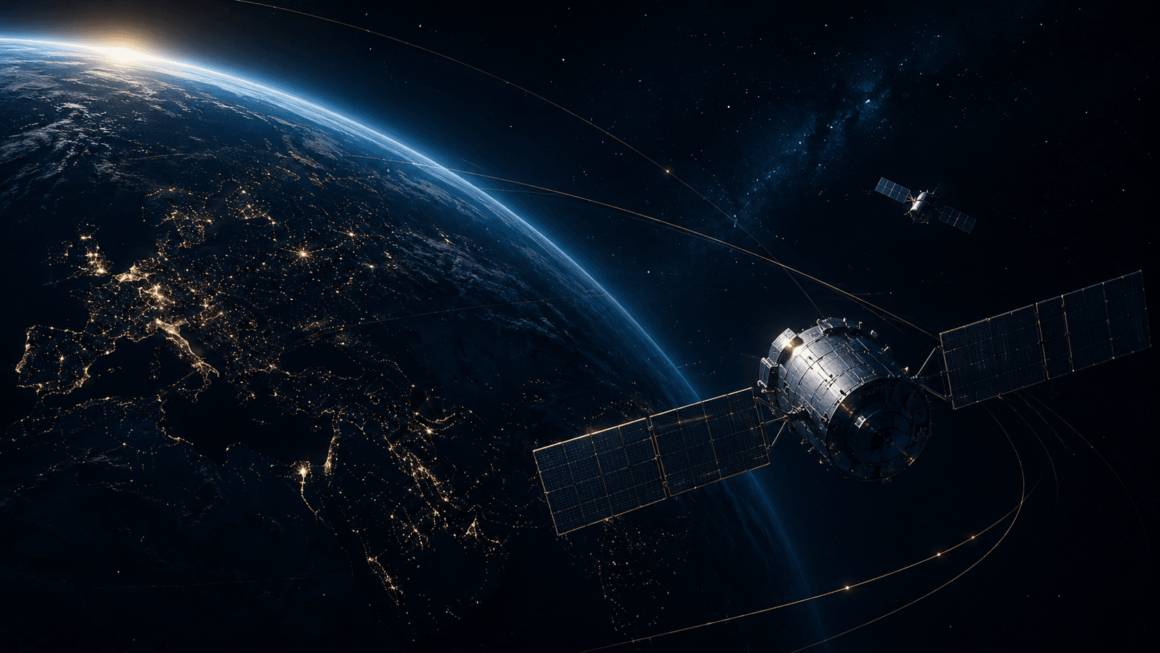 Satellites en orbite terrestre illustrant la gouvernance spatiale, les mégaconstellations, SpaceX et l’EU Space Act en 2026