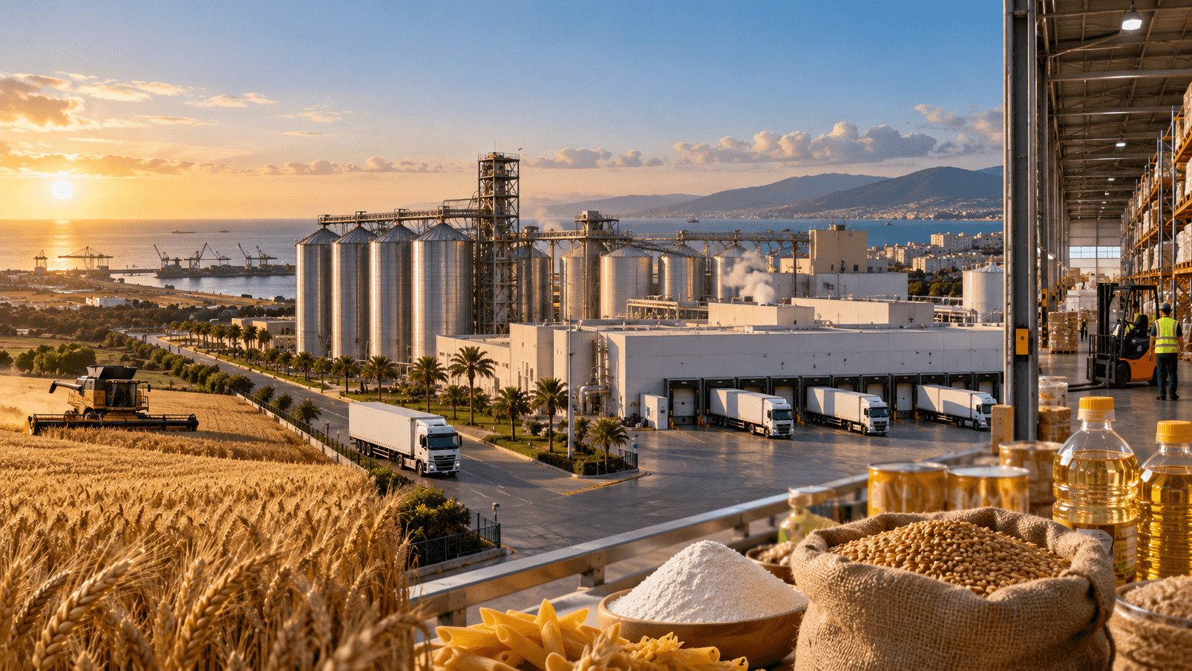 Complexe agro-industriel au Maroc avec champs de céréales, silos, usine de transformation, entrepôts et camions de distribution.