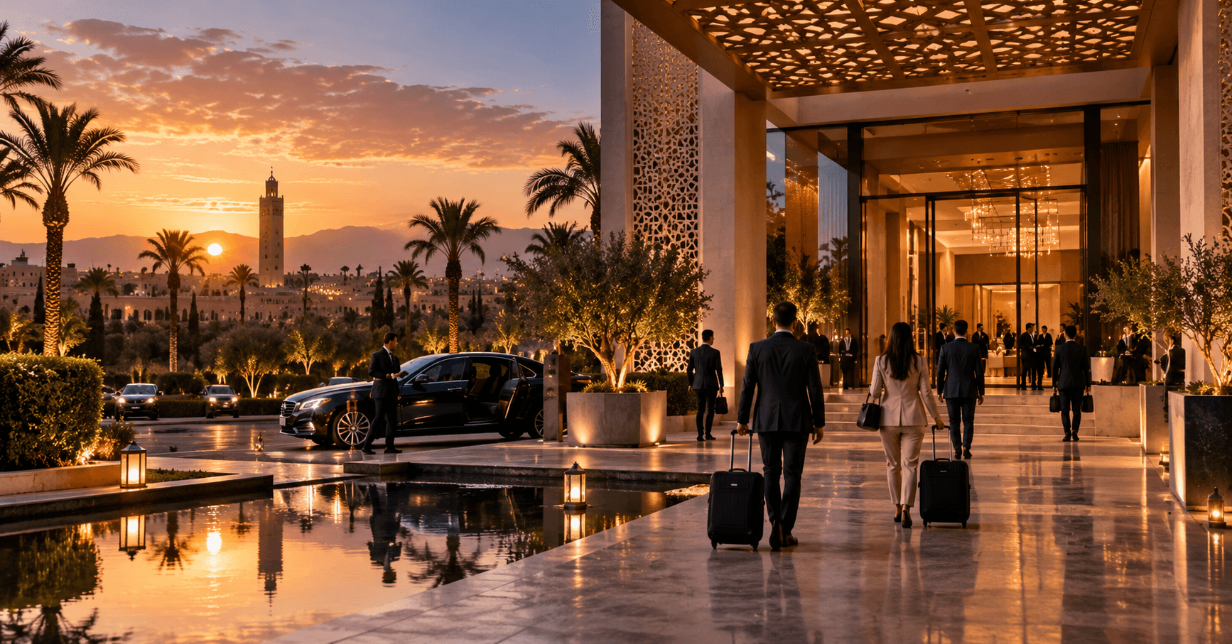 Voyageurs d’affaires au Maroc entre hôtel premium, événement professionnel, mobilité et expérience destination.