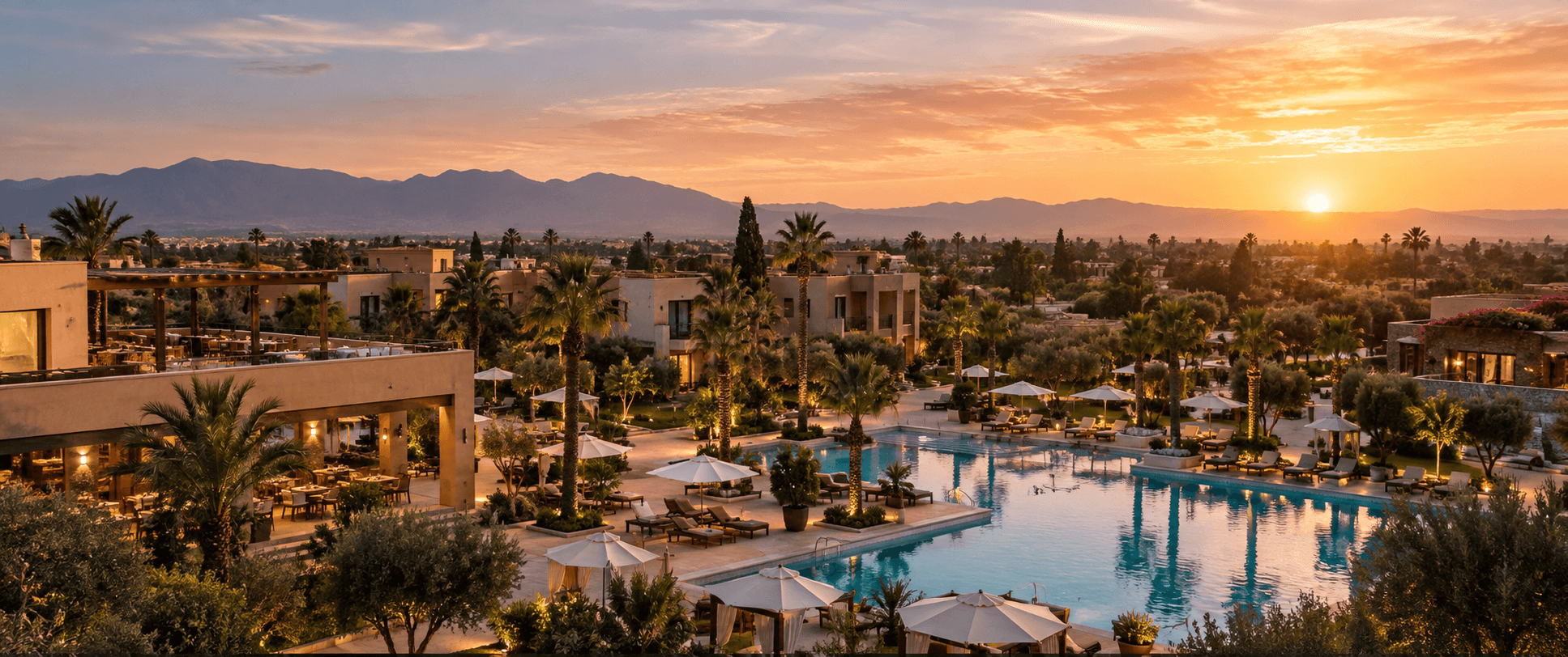 Vue panoramique d’un resort premium à Marrakech avec piscine, jardins, palmiers et montagnes de l’Atlas au coucher du soleil.