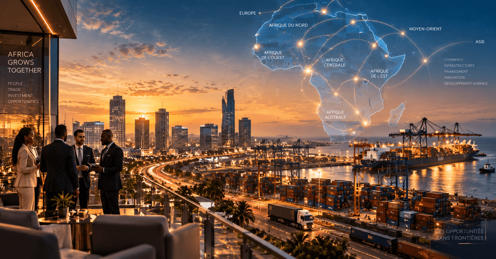 Illustration panoramique de la finance panafricaine avec centre d’affaires, port commercial, infrastructures logistiques et carte numérique de l’Afrique connectant plusieurs marchés.