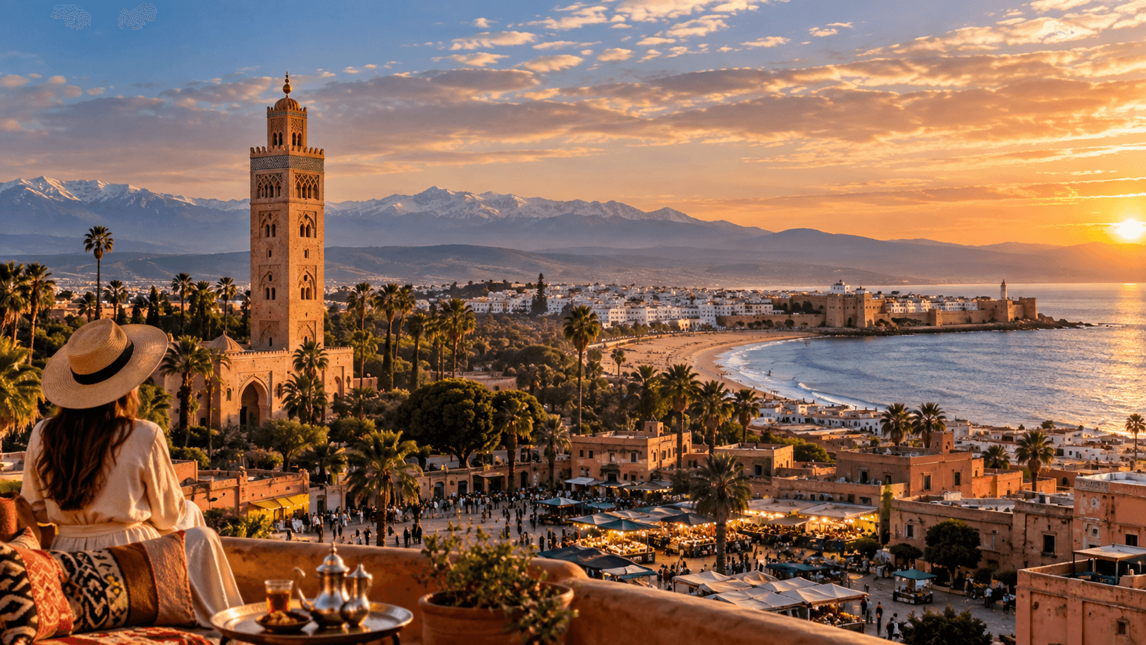 Vue panoramique illustrant le tourisme au Maroc, la connectivité aérienne, les infrastructures de mobilité et les flux internationaux de voyageurs.