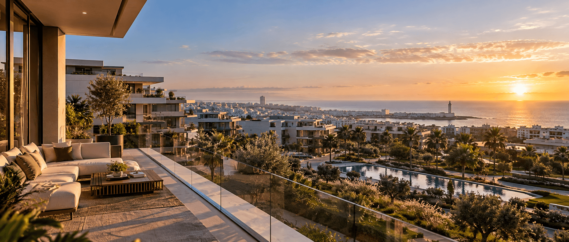Vue panoramique d’une résidence contemporaine avec terrasse, jardins paysagers et bassin, dominant une ville côtière marocaine au coucher du soleil.