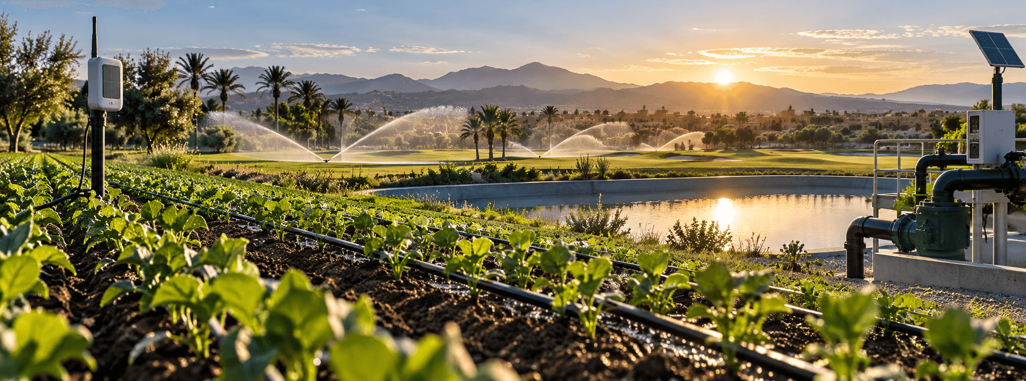 Système d’irrigation intelligente alimentant un paysage durable avec capteurs, contrôle de l’eau et infrastructure connectée.