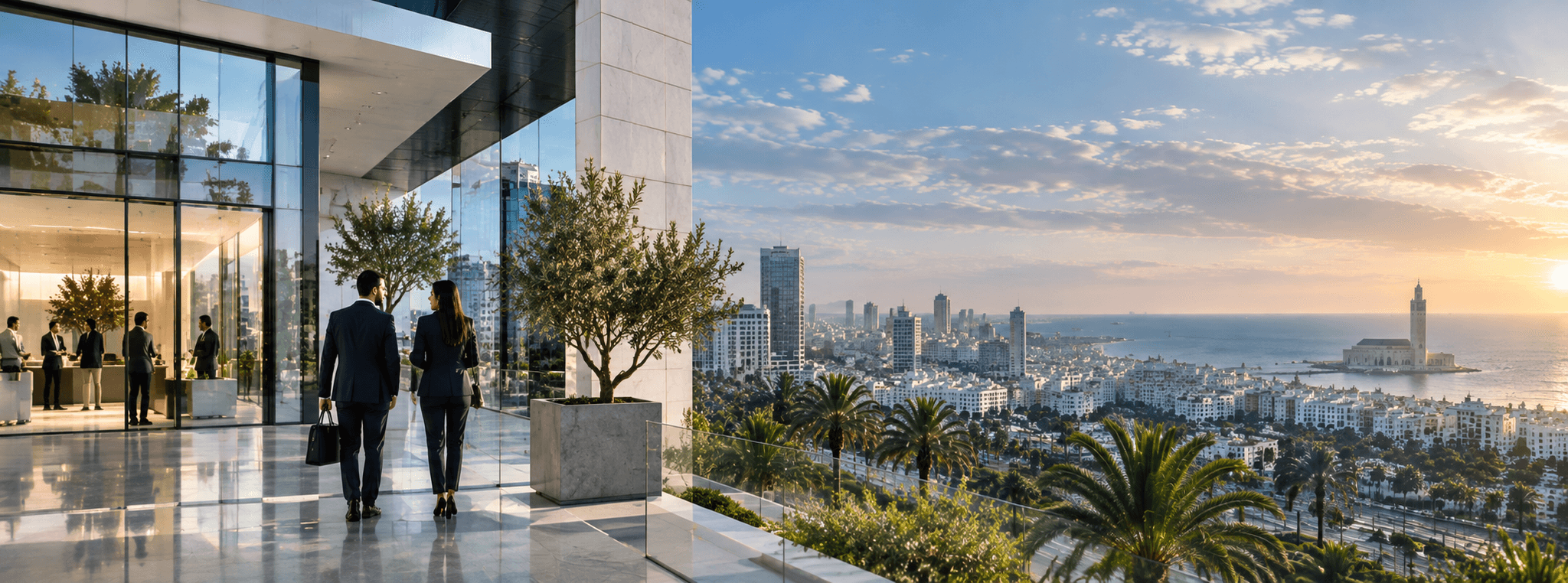 Scène panoramique réaliste d’un quartier d’affaires à Casablanca avec professionnels, architecture contemporaine et technologies financières, illustrant la transformation digitale et l’investissement au Maroc