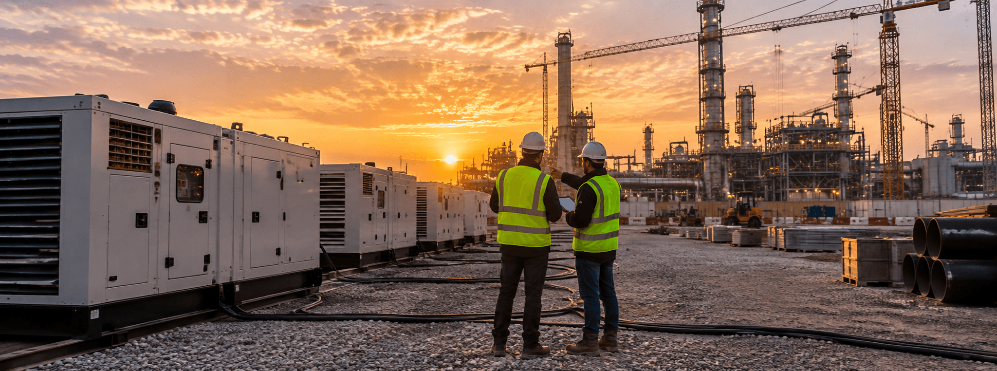 Groupes électrogènes temporaires installés sur un grand site industriel au Maroc, avec techniciens et chantier en arrière-plan, illustrant la continuité énergétique.