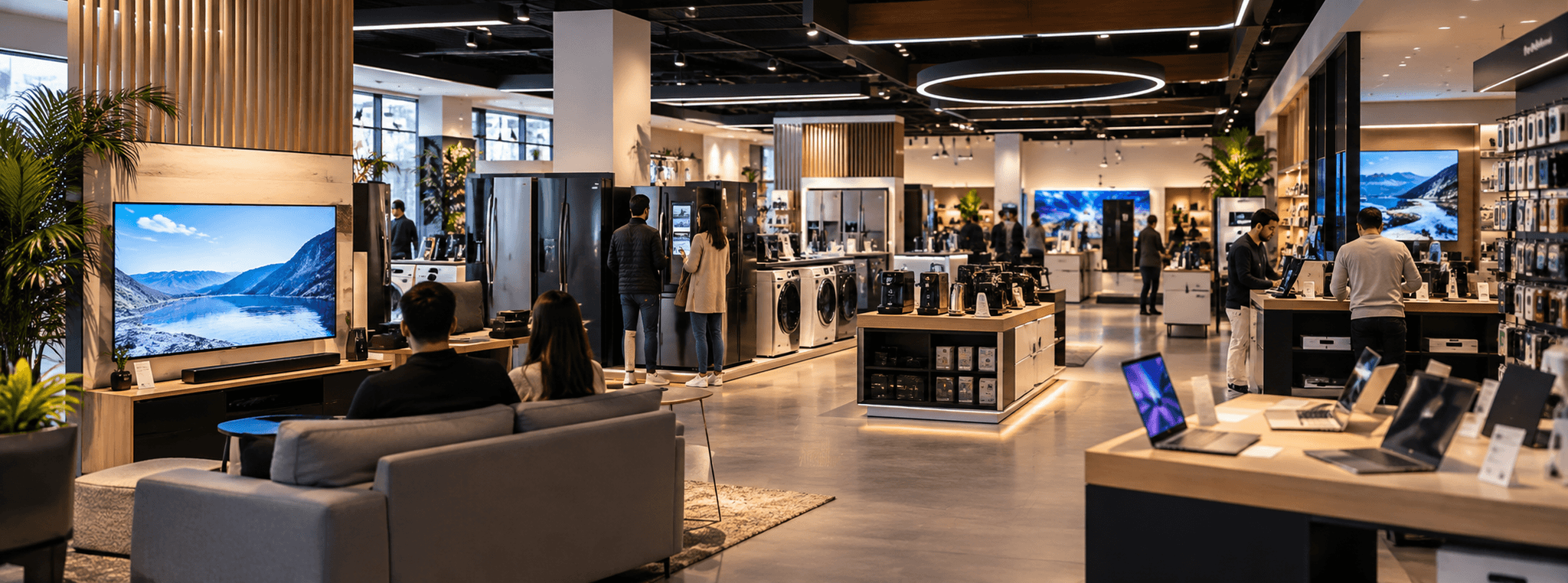 Vue panoramique cinématique d’un magasin moderne d’électroménager et d’électronique, avec appareils exposés dans un espace contemporain, lumineux et premium.