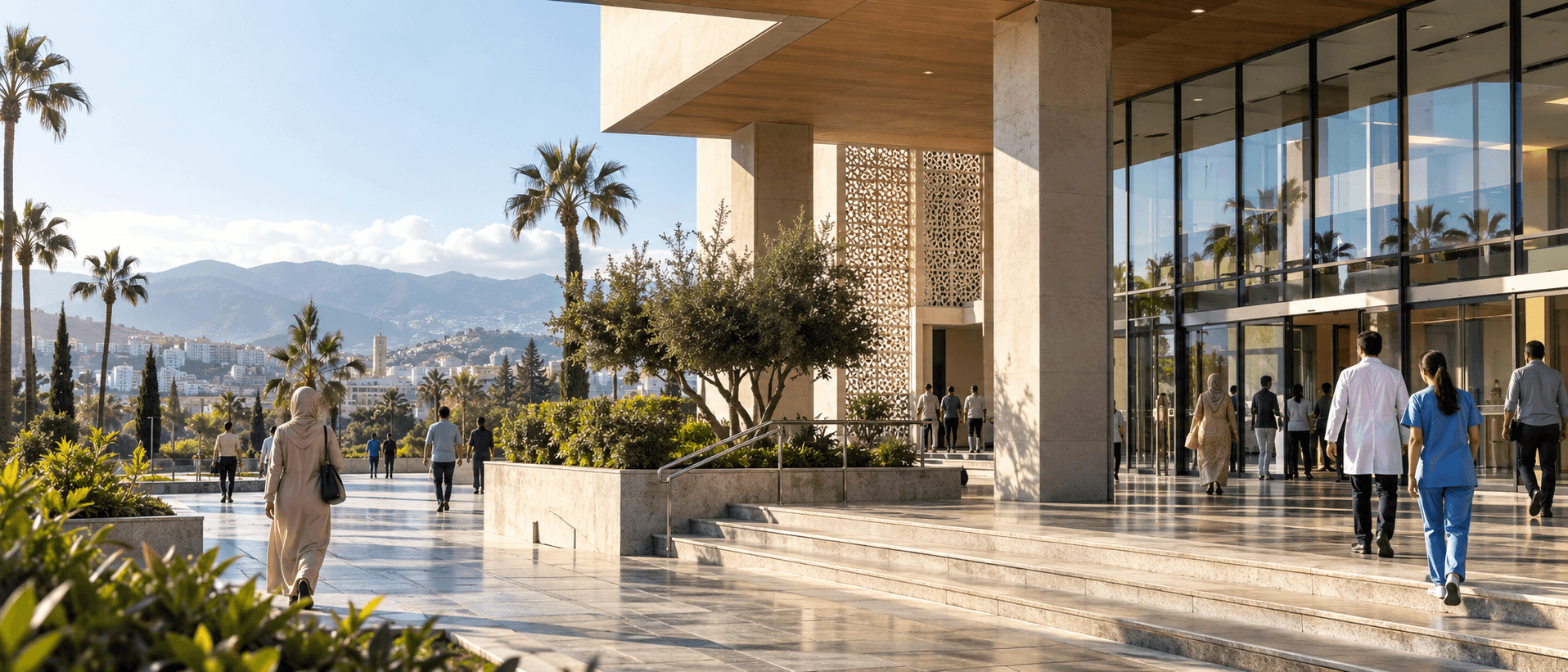 Centre moderne de services publics et de santé au Maroc illustrant la transformation de la protection sociale et des parcours de soins