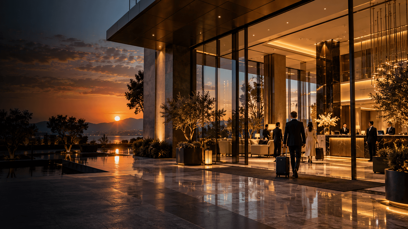 Entrée d’un hôtel haut de gamme au coucher du soleil illustrant la transformation digitale, l’expérience client et les technologies de l’hôtellerie moderne