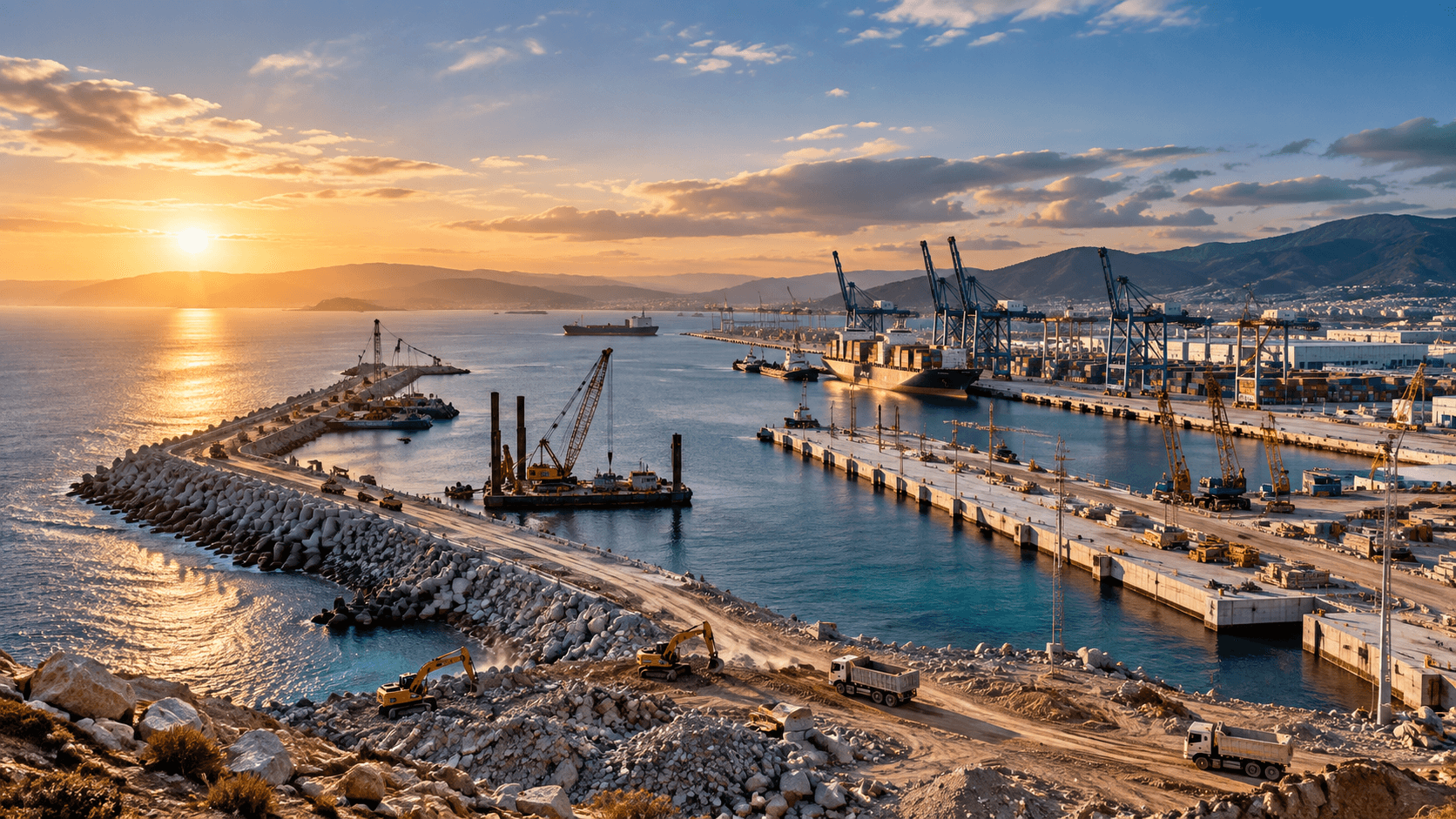 Vue panoramique cinématique d’un grand port marocain en construction, avec quais, grues, navires et infrastructures maritimes.