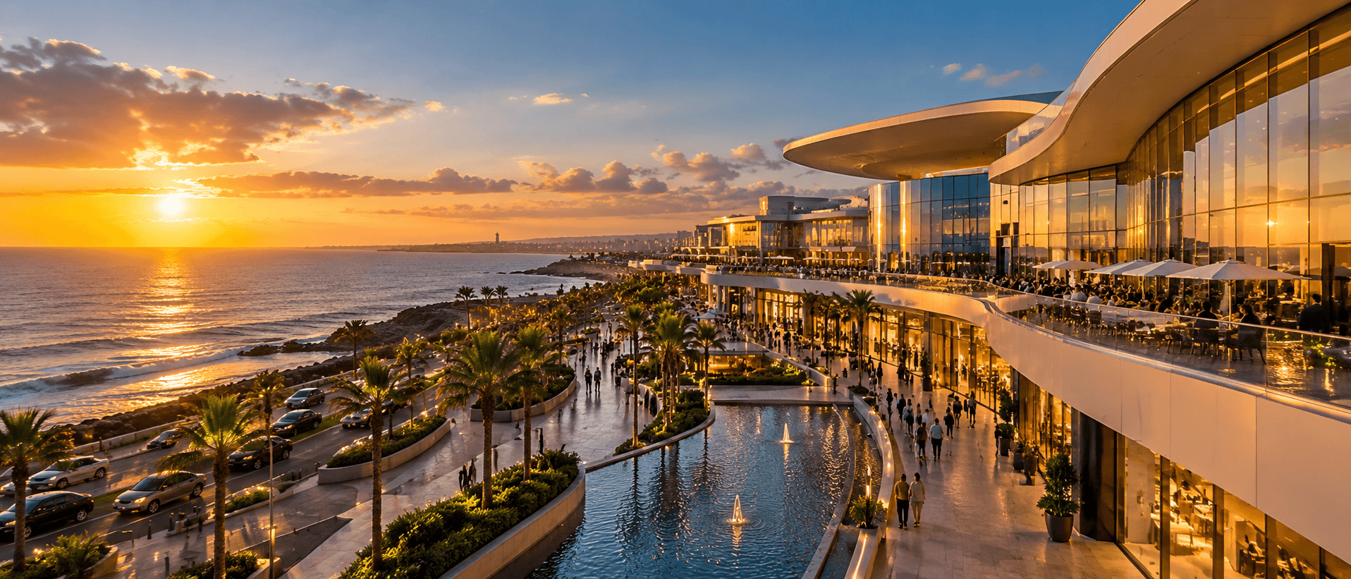 Vue panoramique cinématique d’un complexe commercial contemporain en bord de mer à Casablanca, au coucher du soleil, avec promenade, palmiers et espaces de restauration.