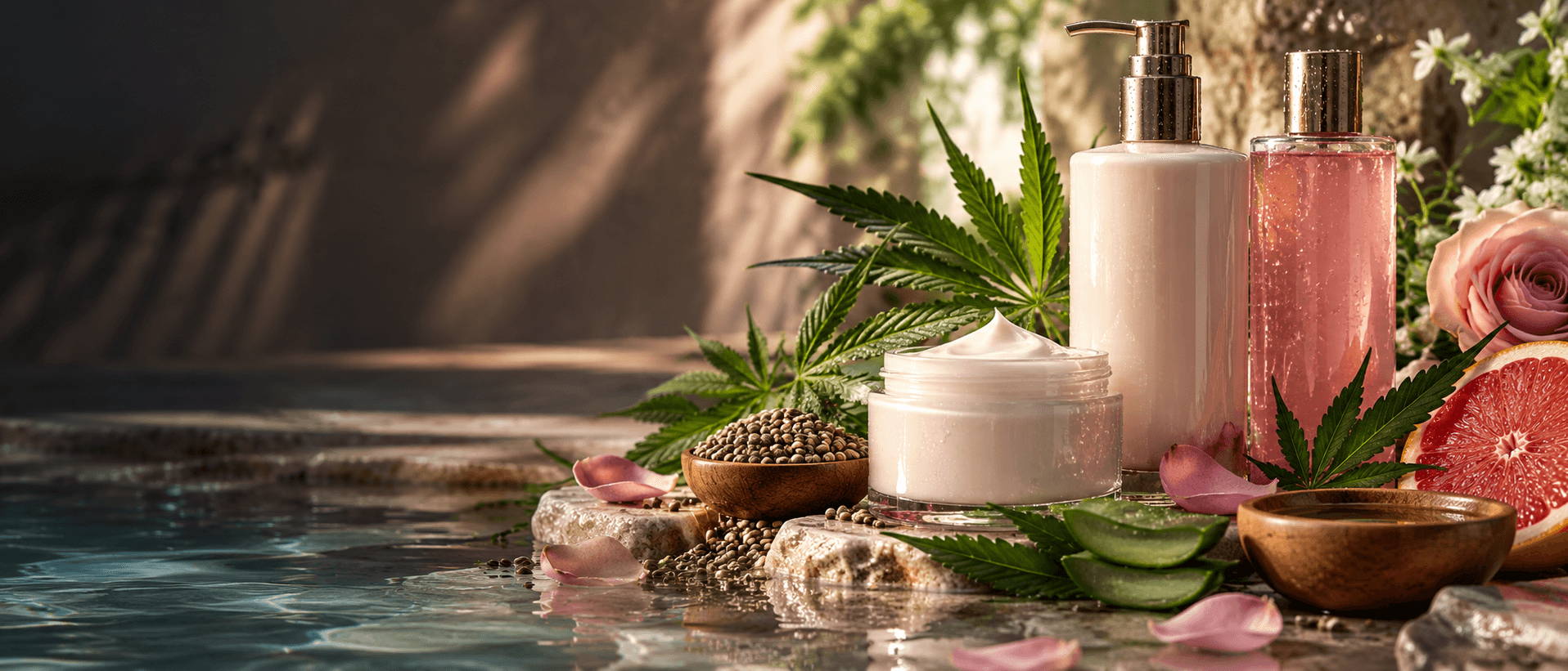Composition panoramique de soins corporels au chanvre avec lotions, crème, graines, aloe vera, fleurs et agrumes dans un univers spa naturel.