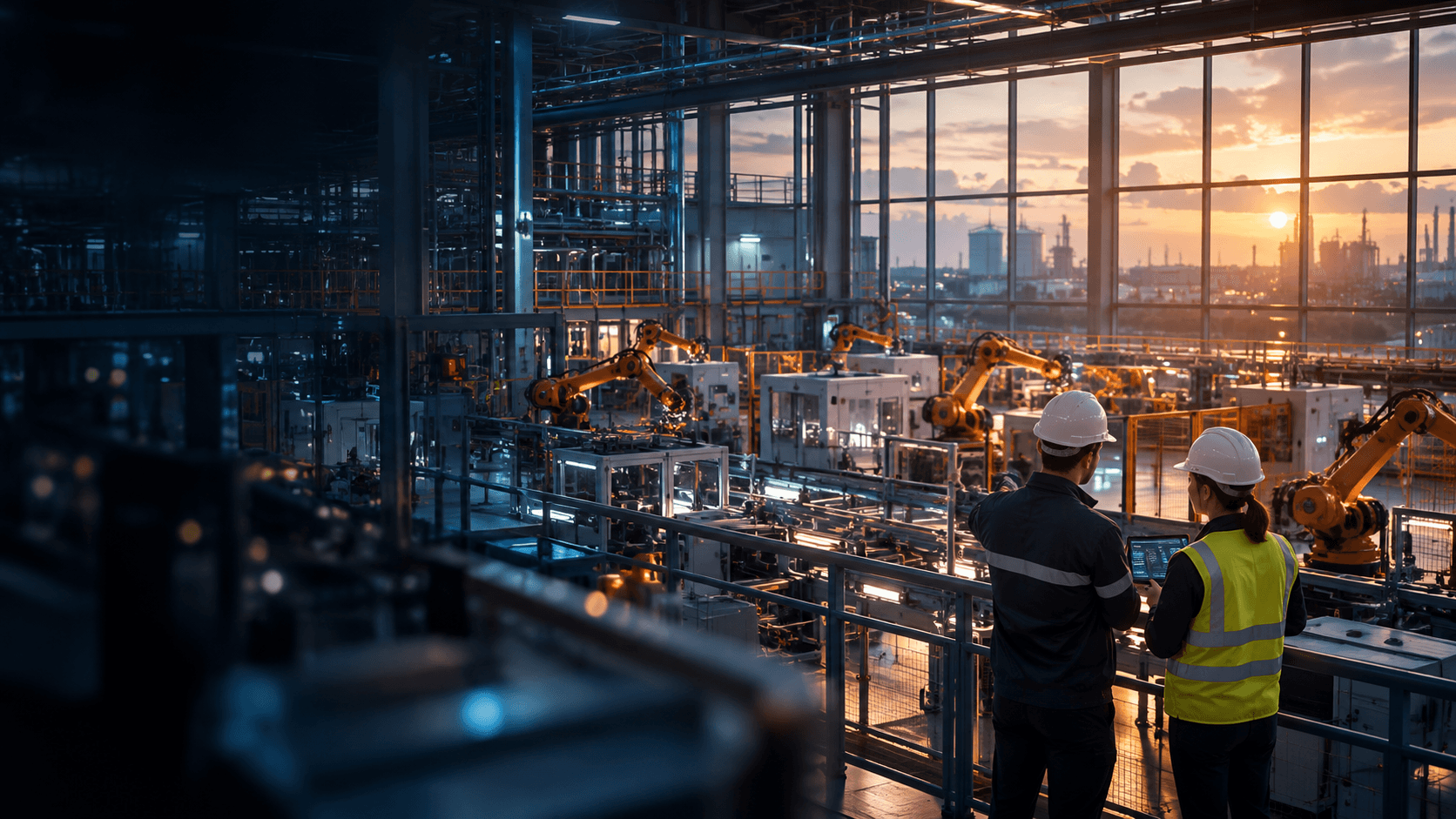 Usine industrielle automatisée avec bras robotisés et ingénieurs supervisant la production au coucher du soleil