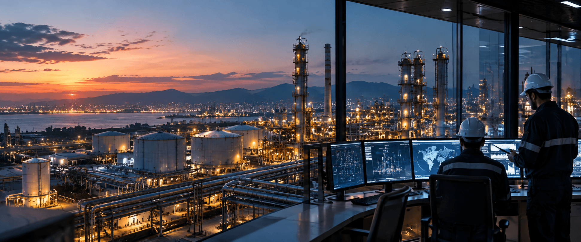 Salle de contrôle industrielle panoramique supervisant une raffinerie automatisée au coucher du soleil