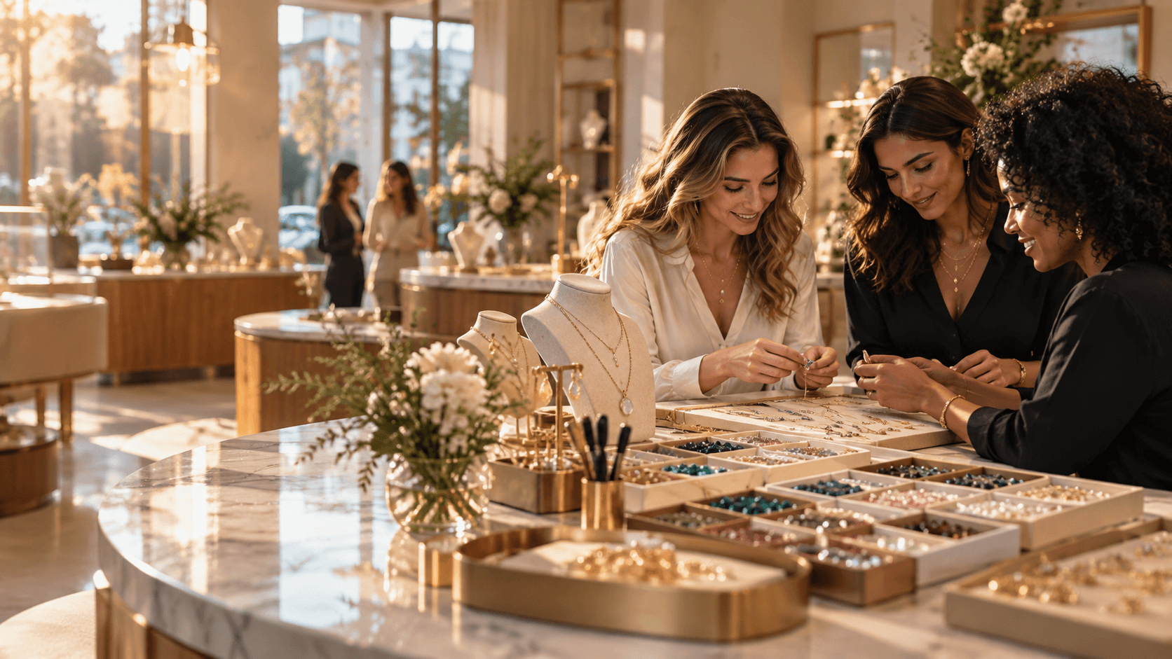 Clientes personnalisant des bijoux autour d’un comptoir dans une boutique de joaillerie contemporaine et lumineuse