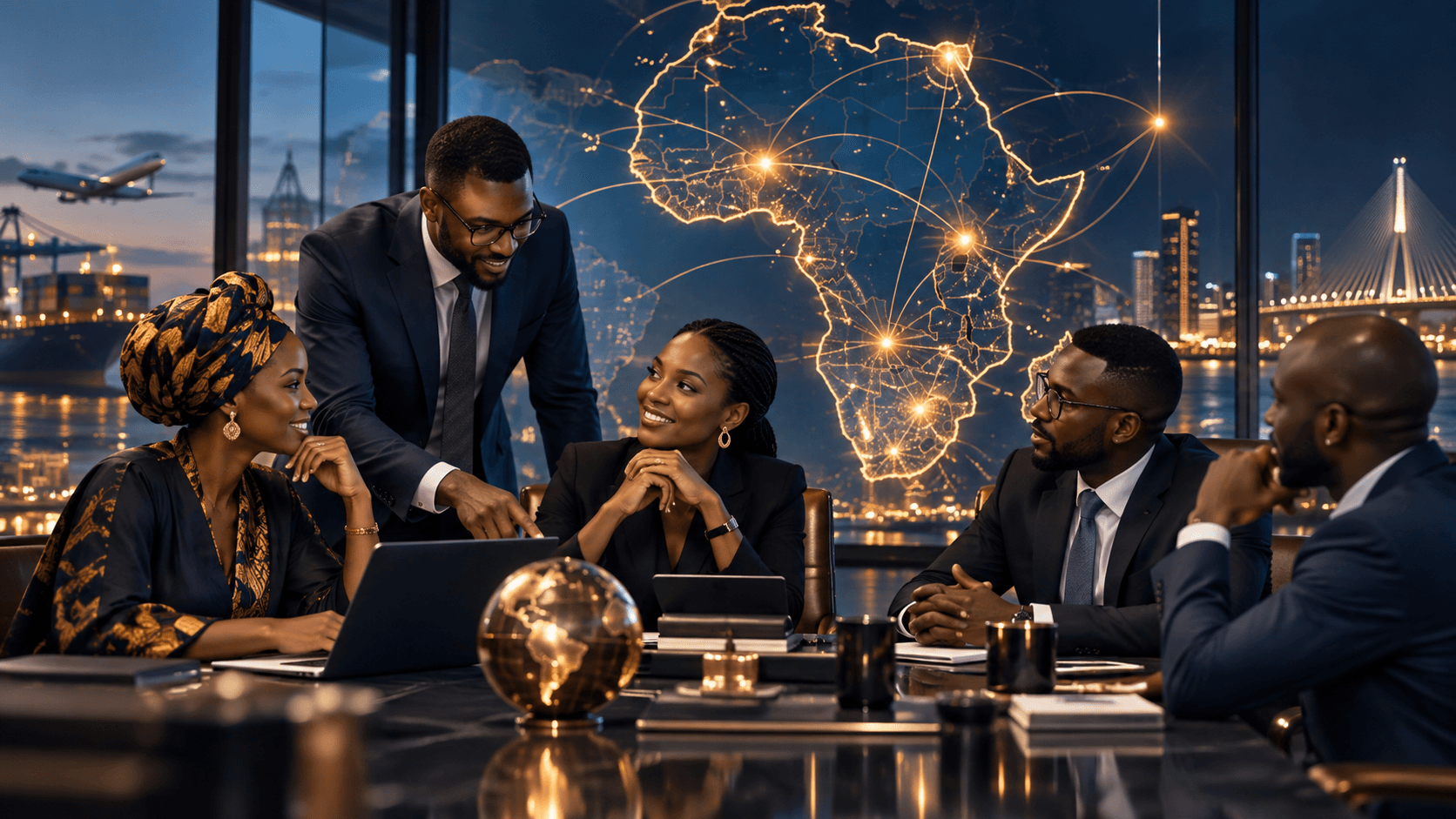 Entrepreneurs africains en réunion devant une carte connectée de l’Afrique, illustrant coopération économique, accès aux marchés et investissement.
