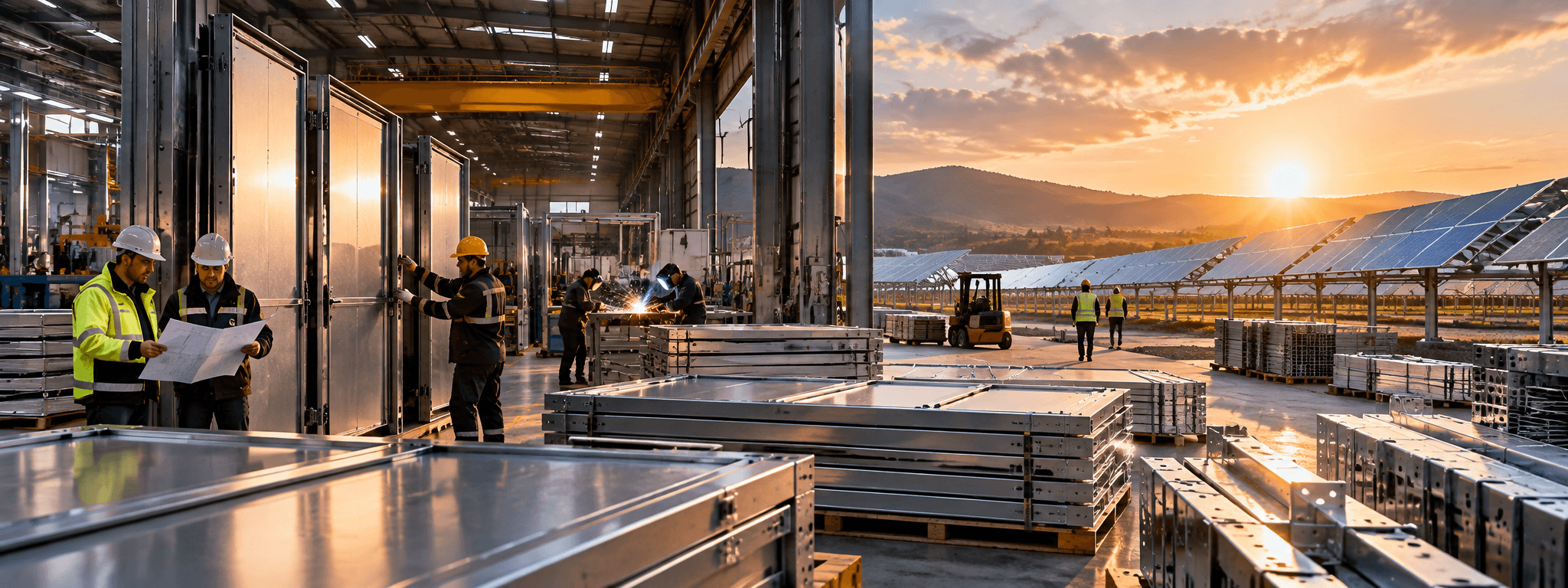 Engineers and factory workers manufacturing steel structures beside a large solar farm at sunset