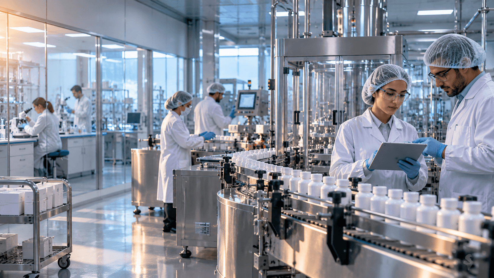 Équipe scientifique supervisant une ligne de production pharmaceutique automatisée dans un laboratoire moderne au Maroc