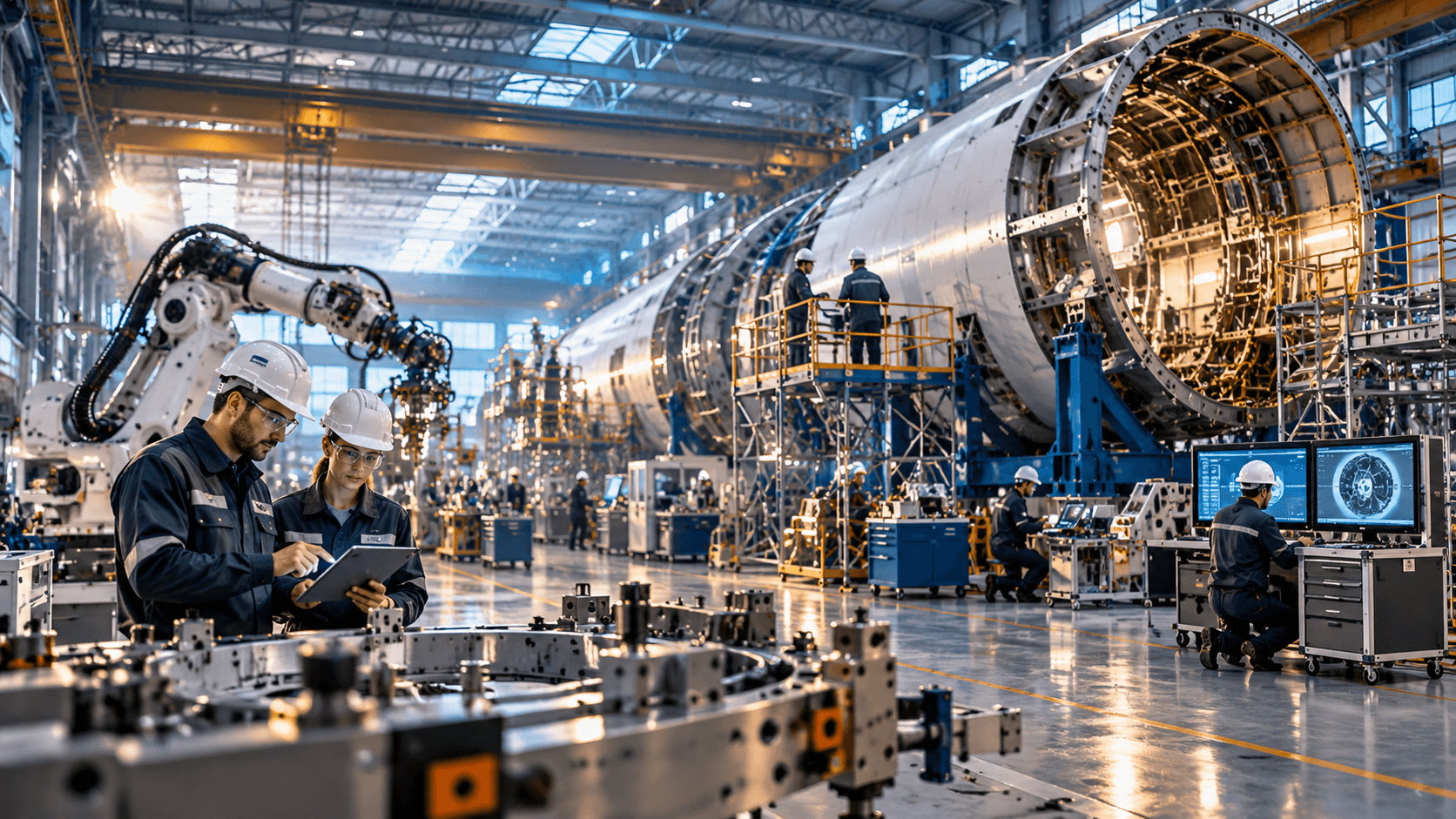Engineers supervising robotic systems and the assembly of a large aerospace structure inside an advanced industrial manufacturing facility
