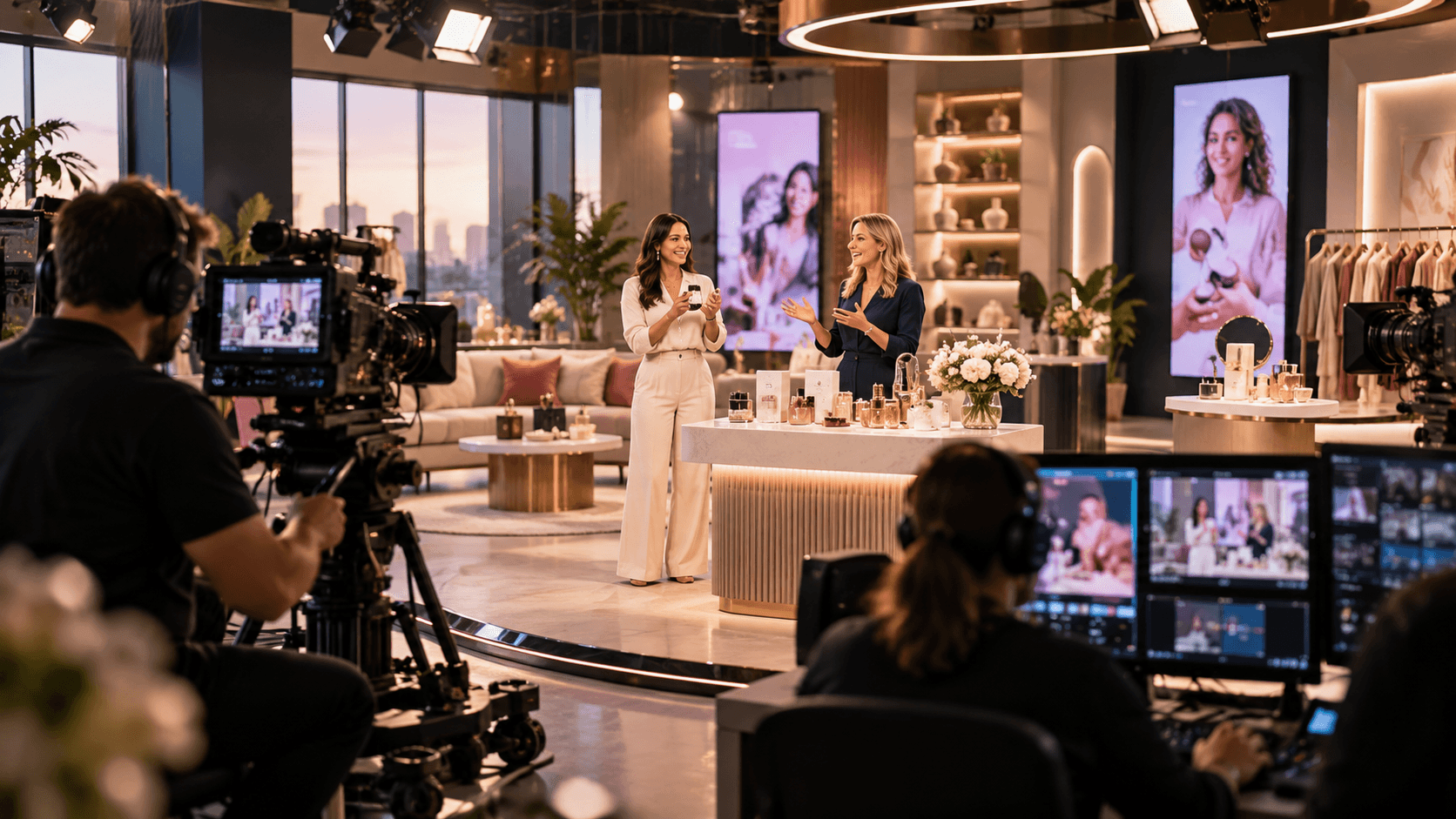 Deux présentatrices animant une session de live shopping dans un studio de commerce vidéo moderne avec caméras et régie de production