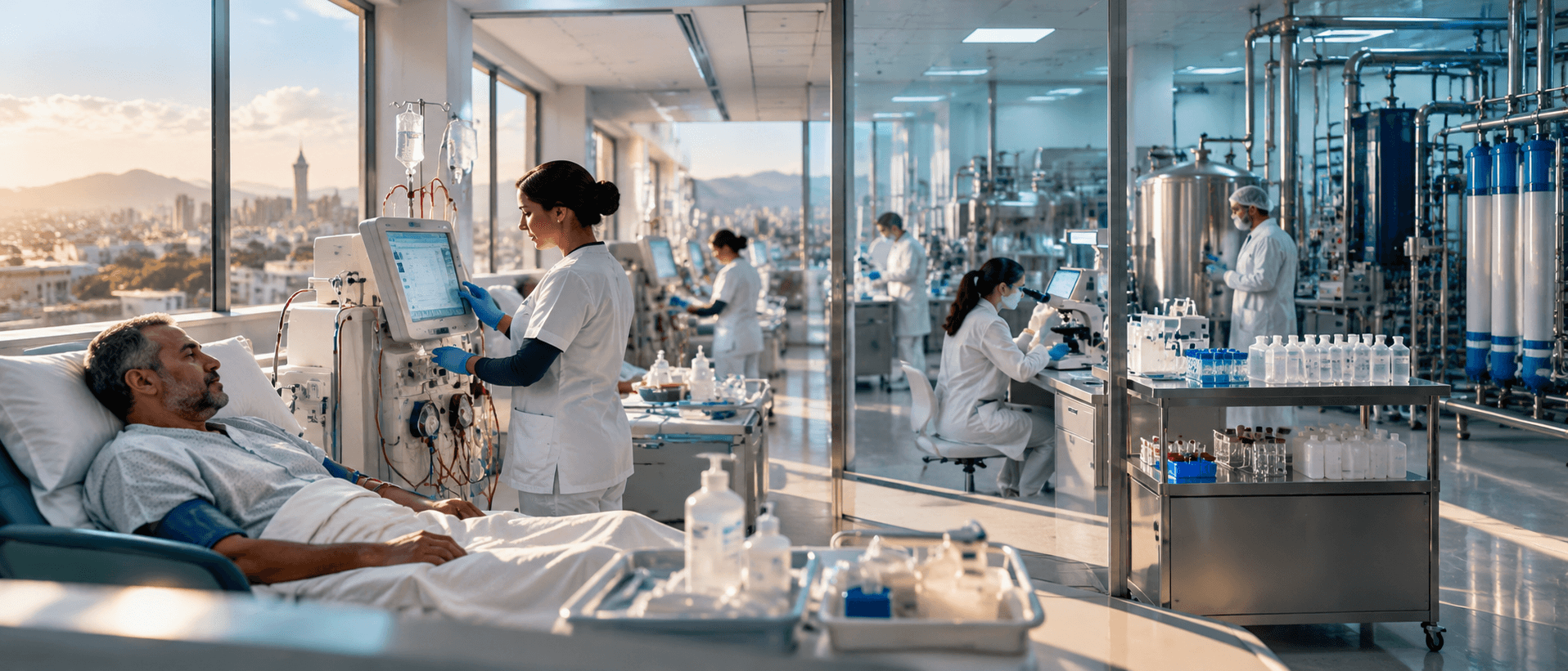 Patient en séance d’hémodialyse accompagné par une professionnelle de santé, avec laboratoire médical et système de traitement d’eau en arrière-plan