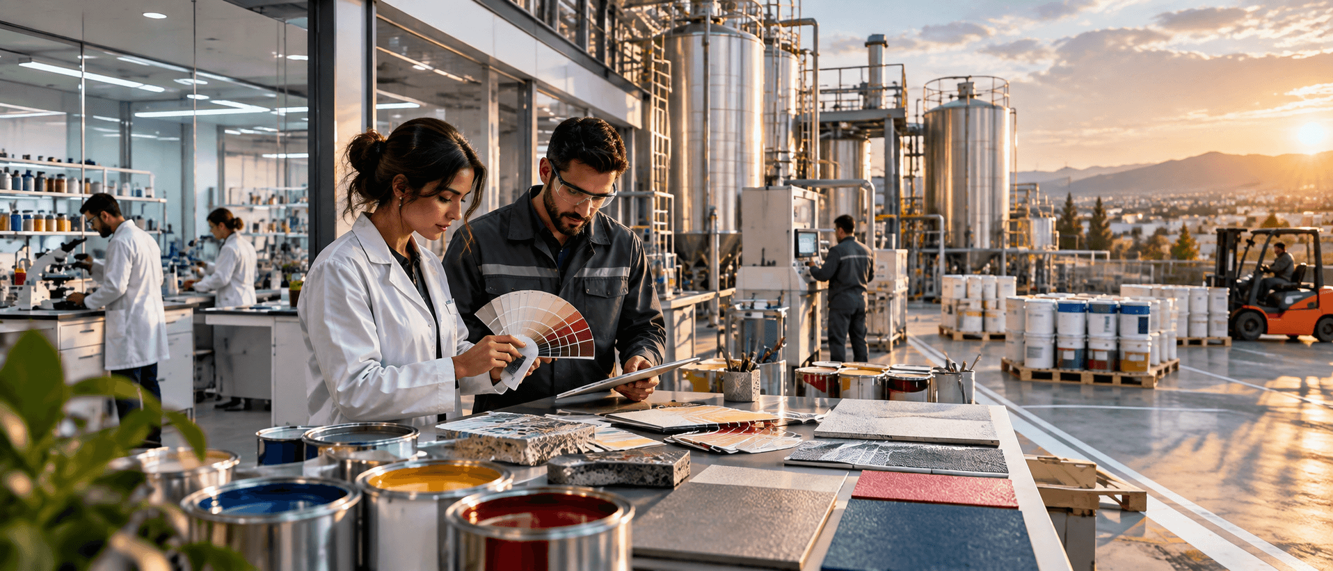 Ingénieure et responsable industriel analysant des nuanciers et échantillons de peinture dans un site moderne combinant laboratoire R&D et production de revêtements