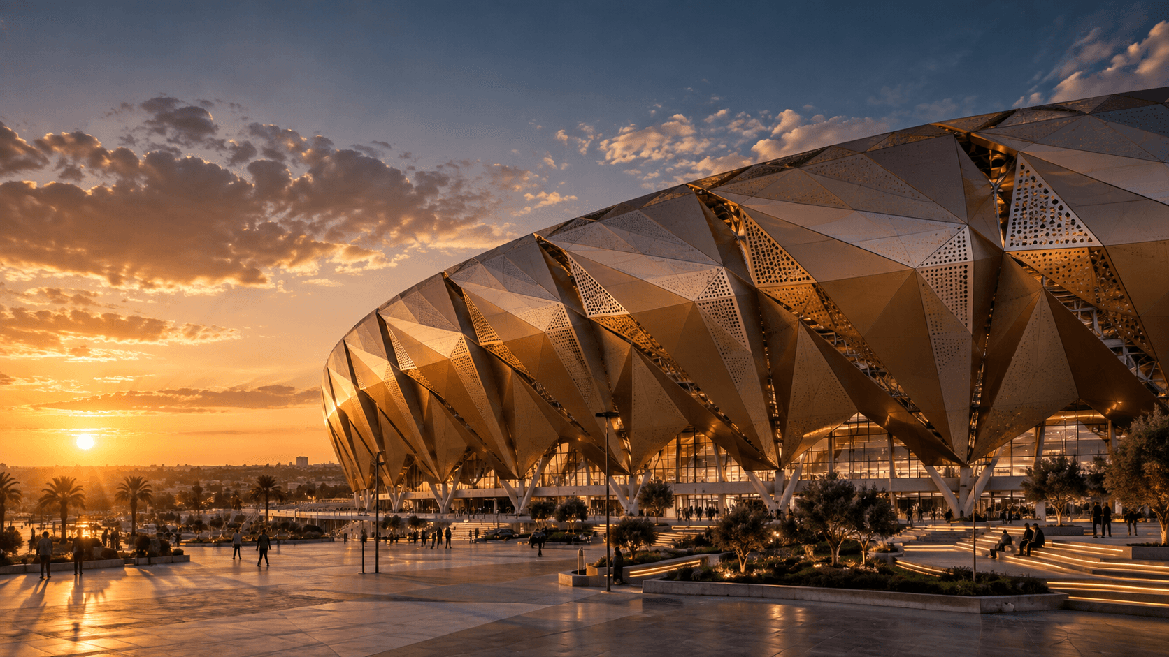 Vue panoramique au coucher du soleil d’un grand complexe architectural contemporain aux façades métalliques facettées, entouré d’une esplanade paysagée.