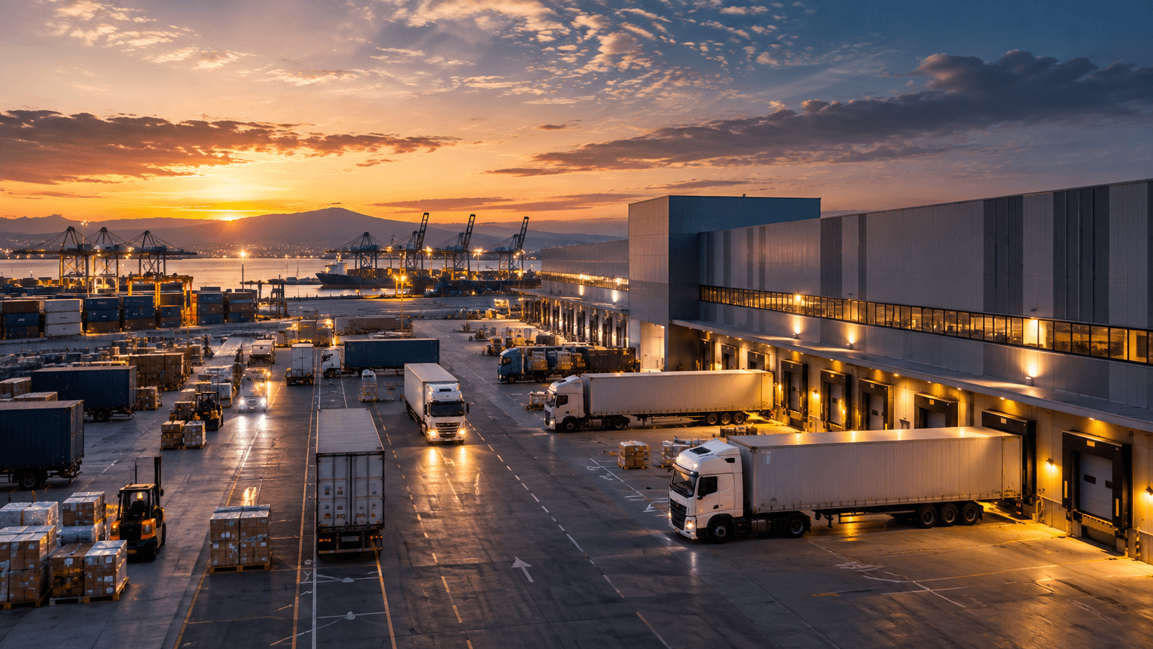 Vue panoramique cinématique d’une plateforme logistique moderne avec entrepôt, camions, conteneurs et terminal portuaire au coucher du soleil.