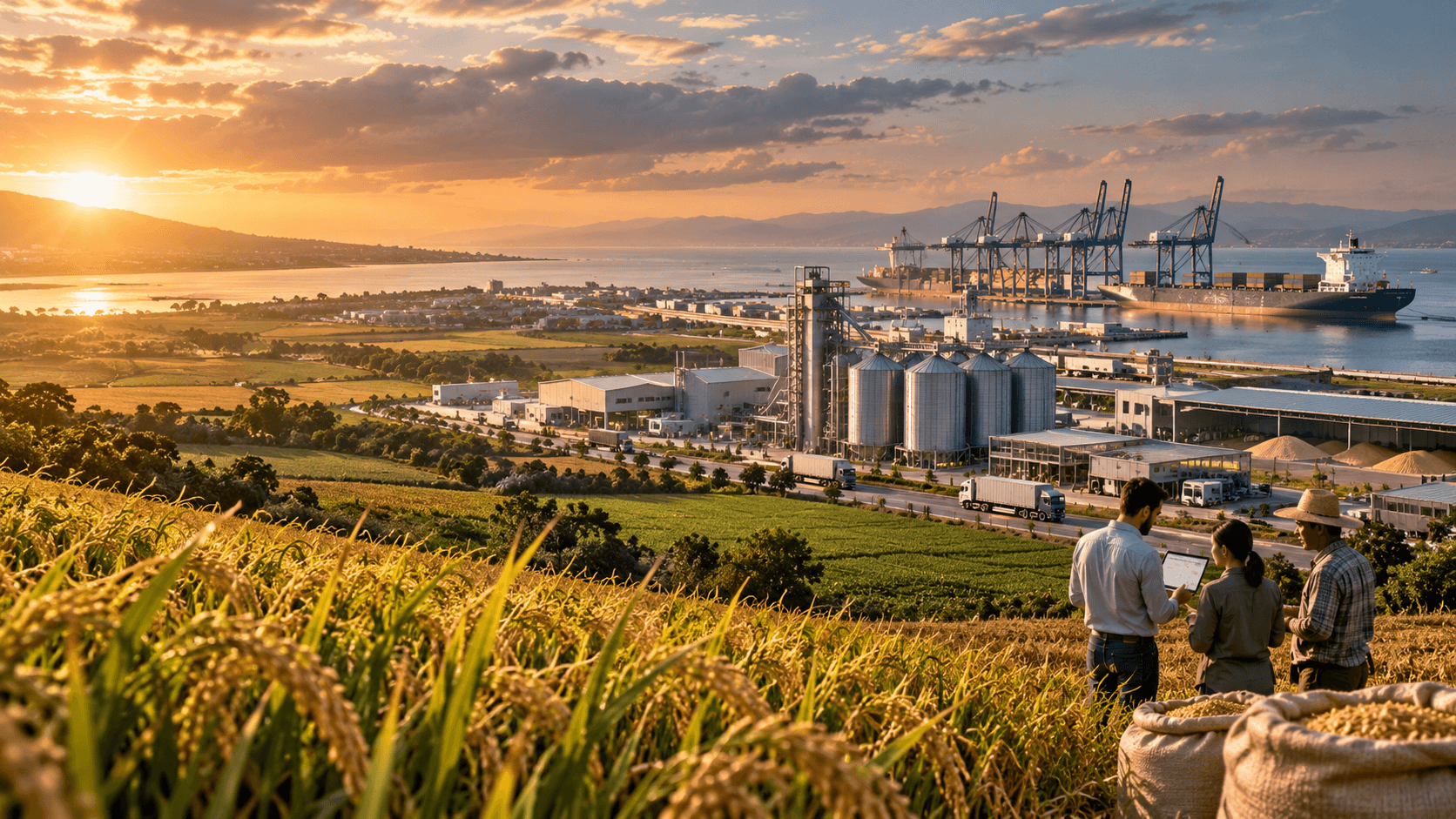 Vue panoramique cinématique d’une chaîne agroalimentaire reliant cultures agricoles, site de transformation, transport routier et port de commerce international.