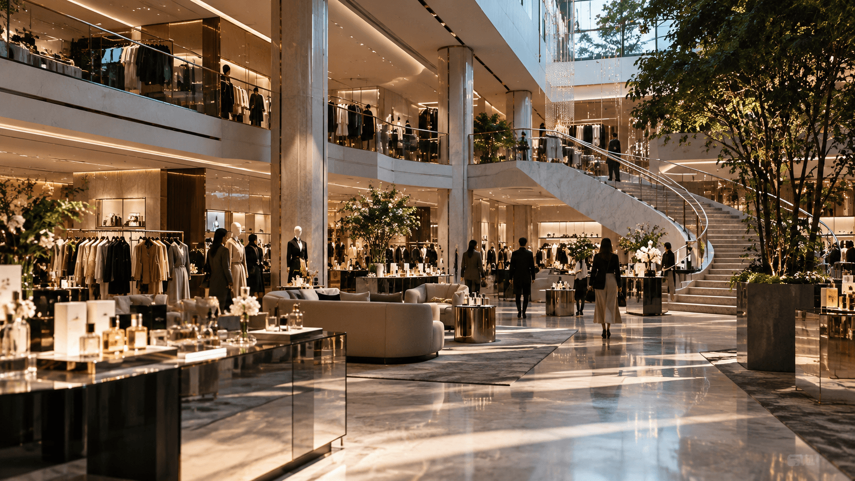 Vue panoramique cinématique d’un grand magasin premium contemporain avec espaces mode, beauté et lifestyle, illustrant la transformation omnicanale du retail.