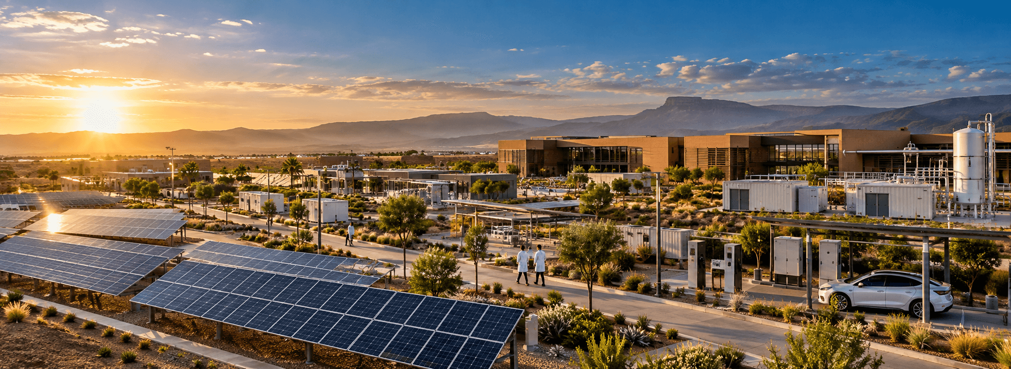 Vue panoramique cinématique d’un campus de recherche énergétique au Maroc avec panneaux solaires, laboratoires, mobilité électrique et équipements de technologies renouvelables.