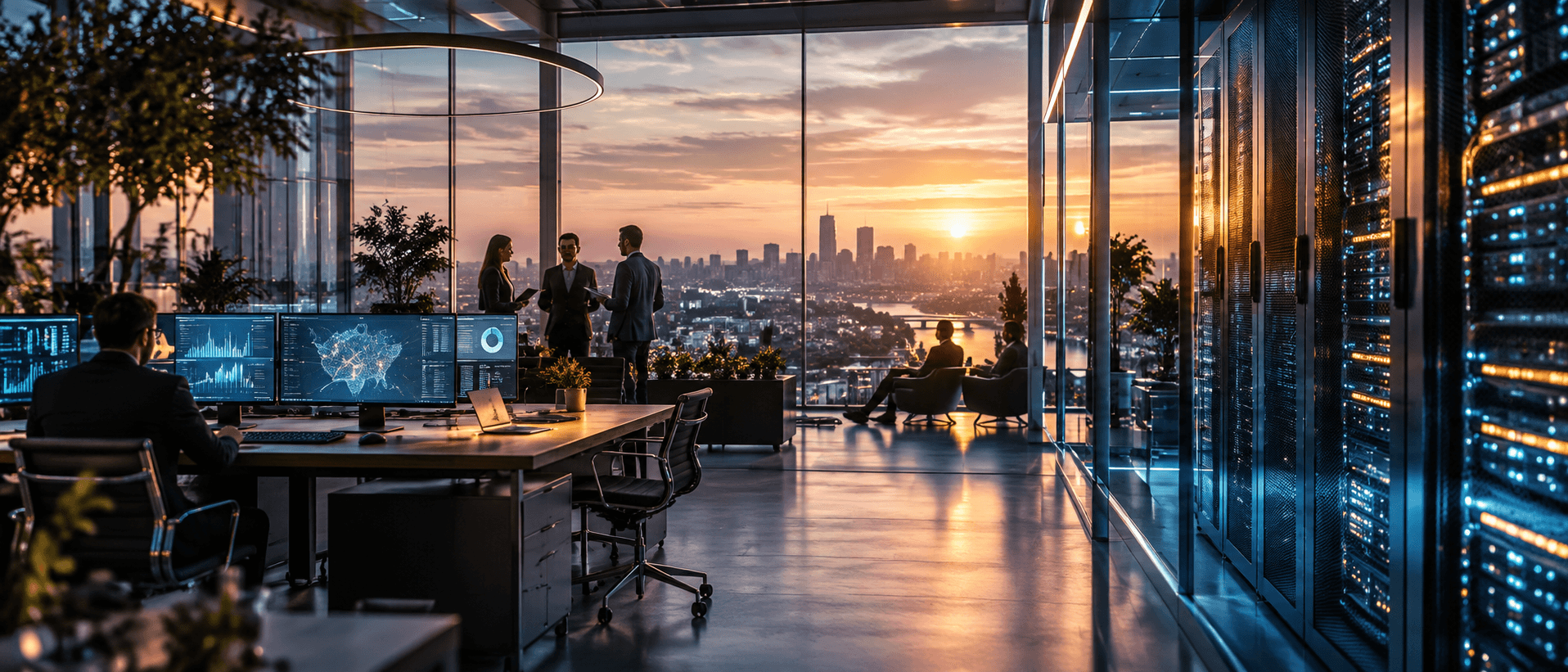 Vue panoramique cinématique d’un environnement IT moderne avec datacenter, cybersécurité, cloud et équipes numériques
