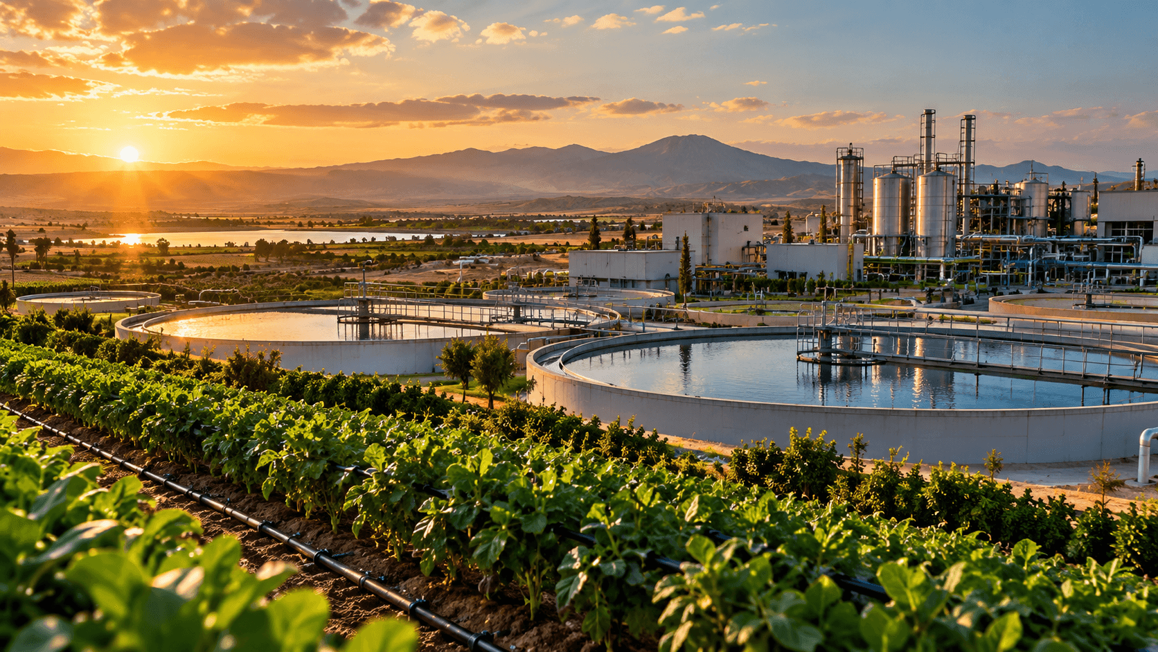 Vue panoramique cinématique d’un site industriel de traitement de l’eau entouré de cultures irriguées au Maroc