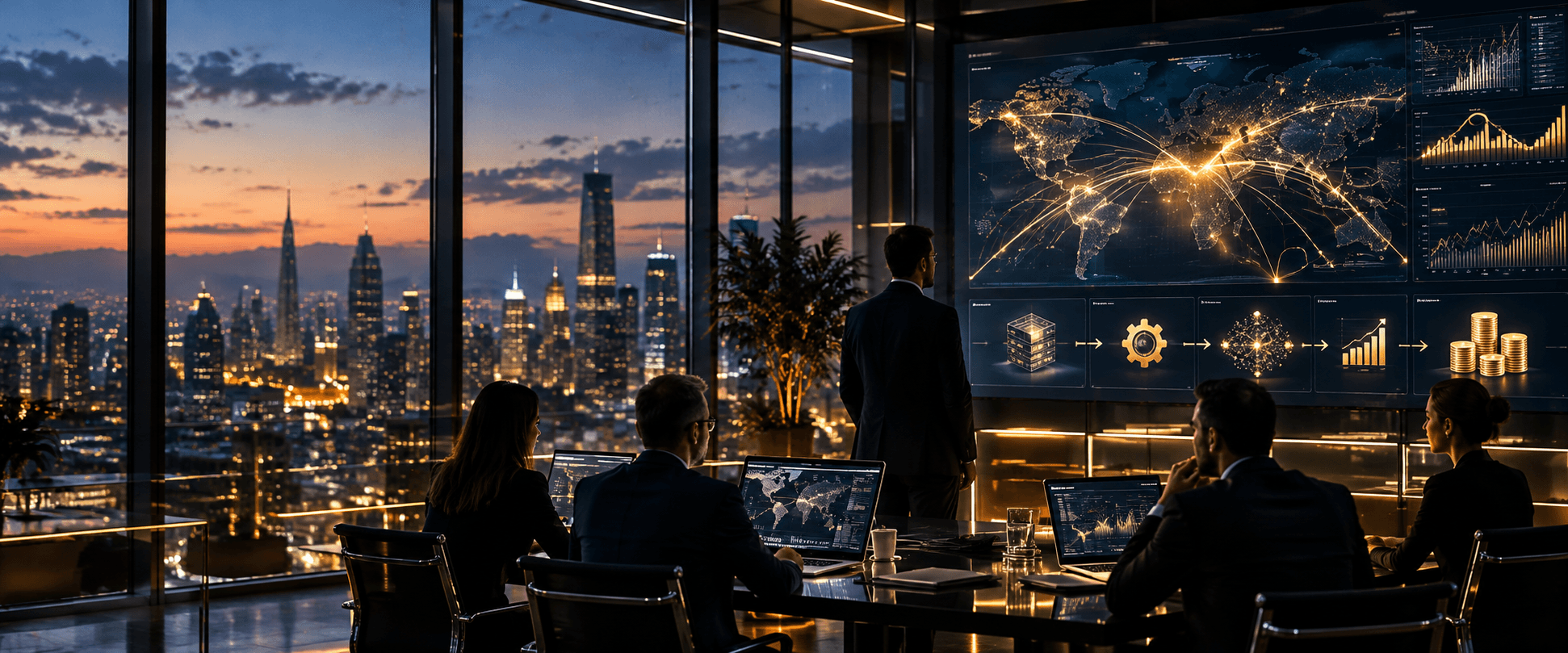 Dirigeants réunis devant une cartographie mondiale des investissements, dans un centre de décision technologique au crépuscule.