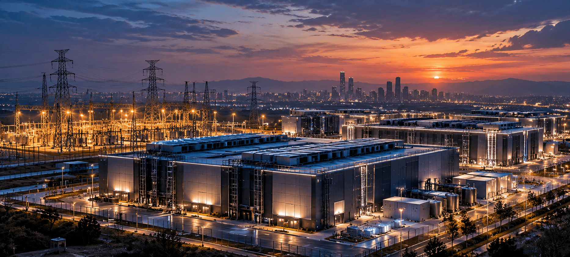 Campus de data centers au coucher du soleil, relié à un vaste réseau électrique avec sous-stations et lignes à haute tension.