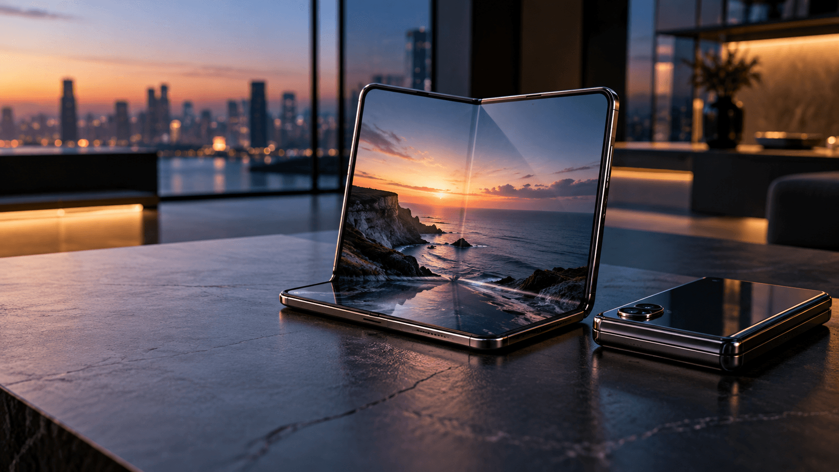 Illustration photoréaliste d’un smartphone pliable haut de gamme, présenté ouvert et fermé sur une table élégante, avec une ville illuminée au coucher du soleil en arrière-plan