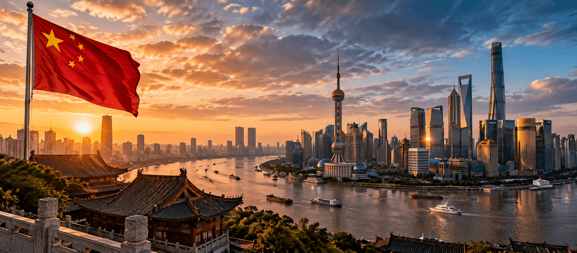 Vue panoramique cinématique de Shanghai et de son port industriel au coucher du soleil, avec le drapeau chinois, illustrant la croissance économique, la puissance industrielle et le commerce international de la Chine en 2026.