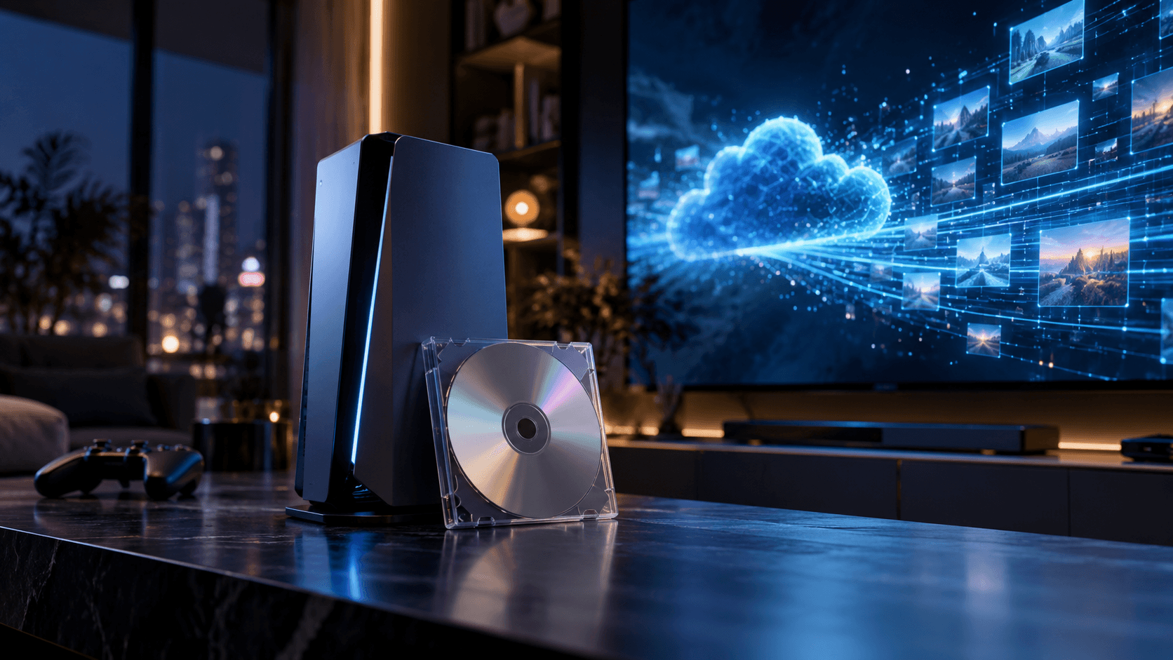 Vue panoramique cinématique d'une console de jeux moderne sans logo, accompagnée d'un disque physique et d'une manette, face à un écran illustrant le cloud gaming et la transition vers les jeux numériques.