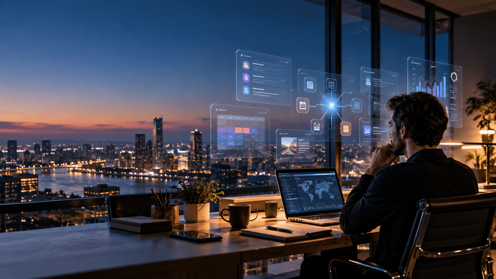 Professionnel travaillant dans un bureau panoramique au crépuscule, devant un ordinateur et des interfaces numériques illustrant les agents IA proactifs, l'automatisation et l'analyse de données.
