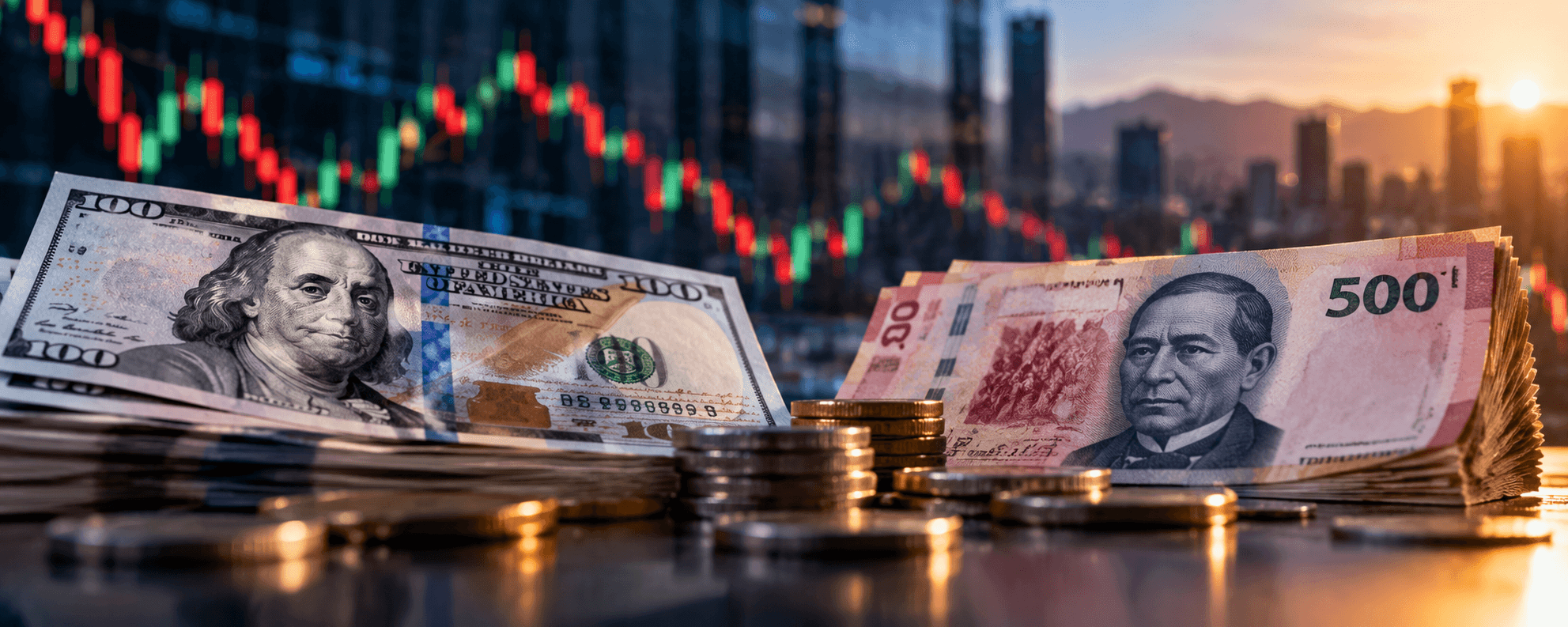 Billets de 100 dollars américains et de 500 pesos mexicains disposés avec des pièces de monnaie devant des graphiques boursiers, illustrant la volatilité du taux de change USD/MXN en octobre 2026.