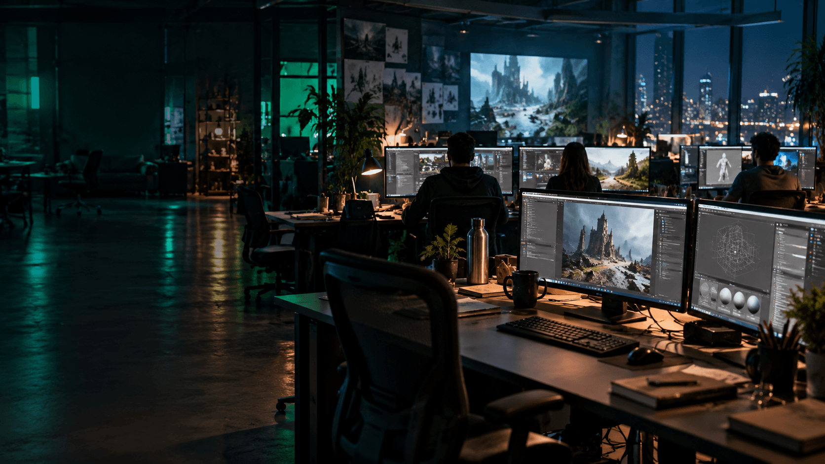 Studio de développement de jeux vidéo moderne, avec des créateurs travaillant sur des environnements 3D, des écrans lumineux et une ambiance cinématique nocturne.