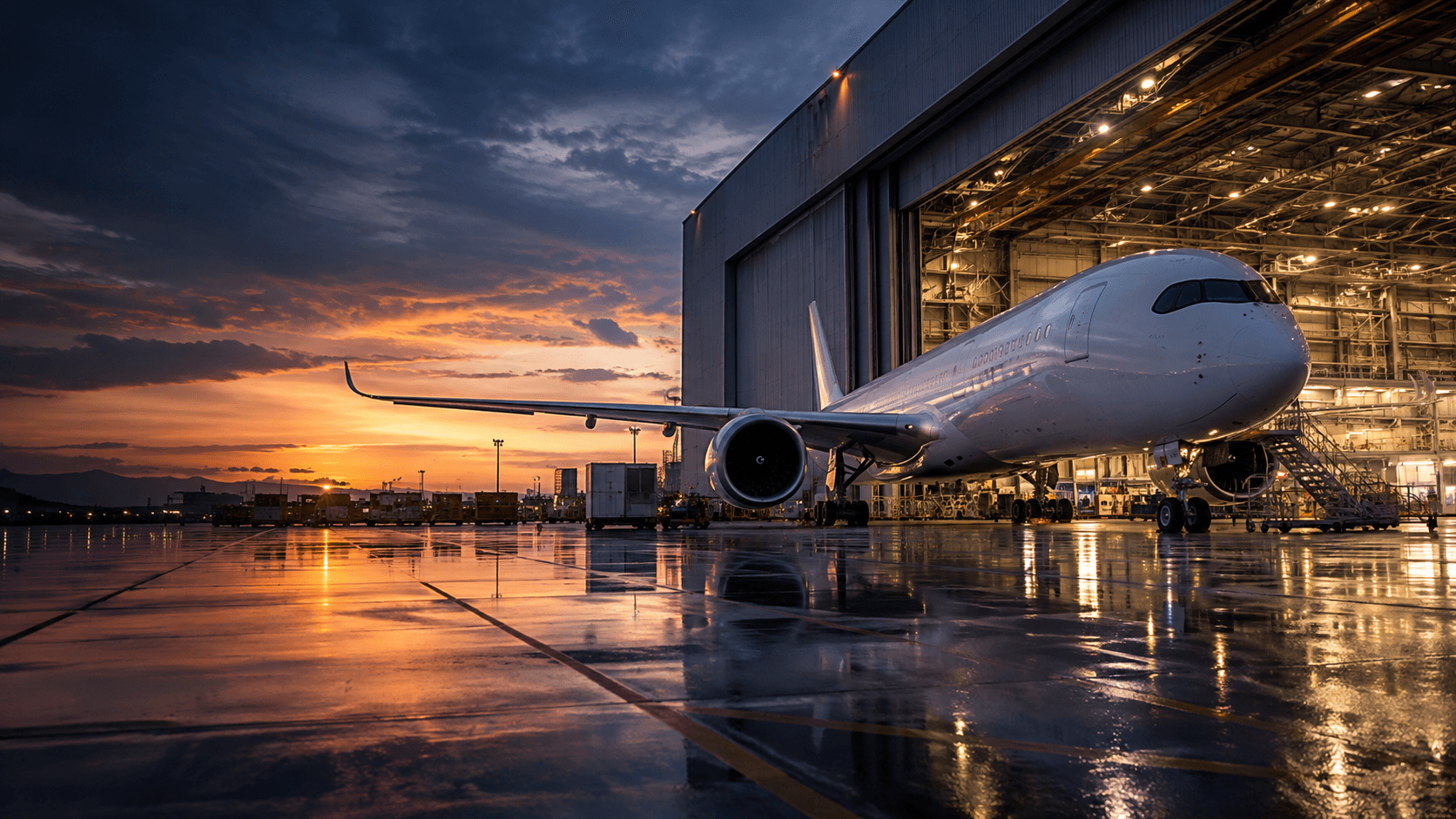 Avion de ligne moderne devant un hangar aéronautique au coucher du soleil, illustrant le financement de 3 milliards d’euros de la BEI à Airbus et les tensions commerciales entre l’Europe et les États-Unis.