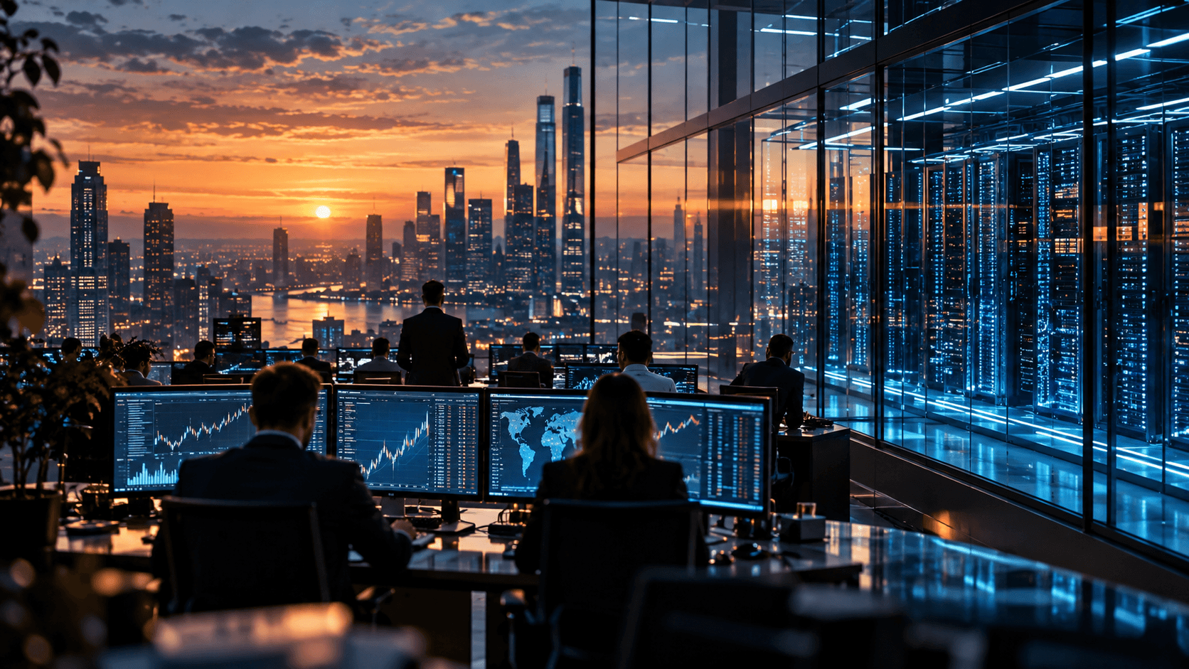 Illustration cinématique d'un centre de données dédié à l'intelligence artificielle, symbolisant l'introduction en Bourse d'Anthropic au Nasdaq en 2026.