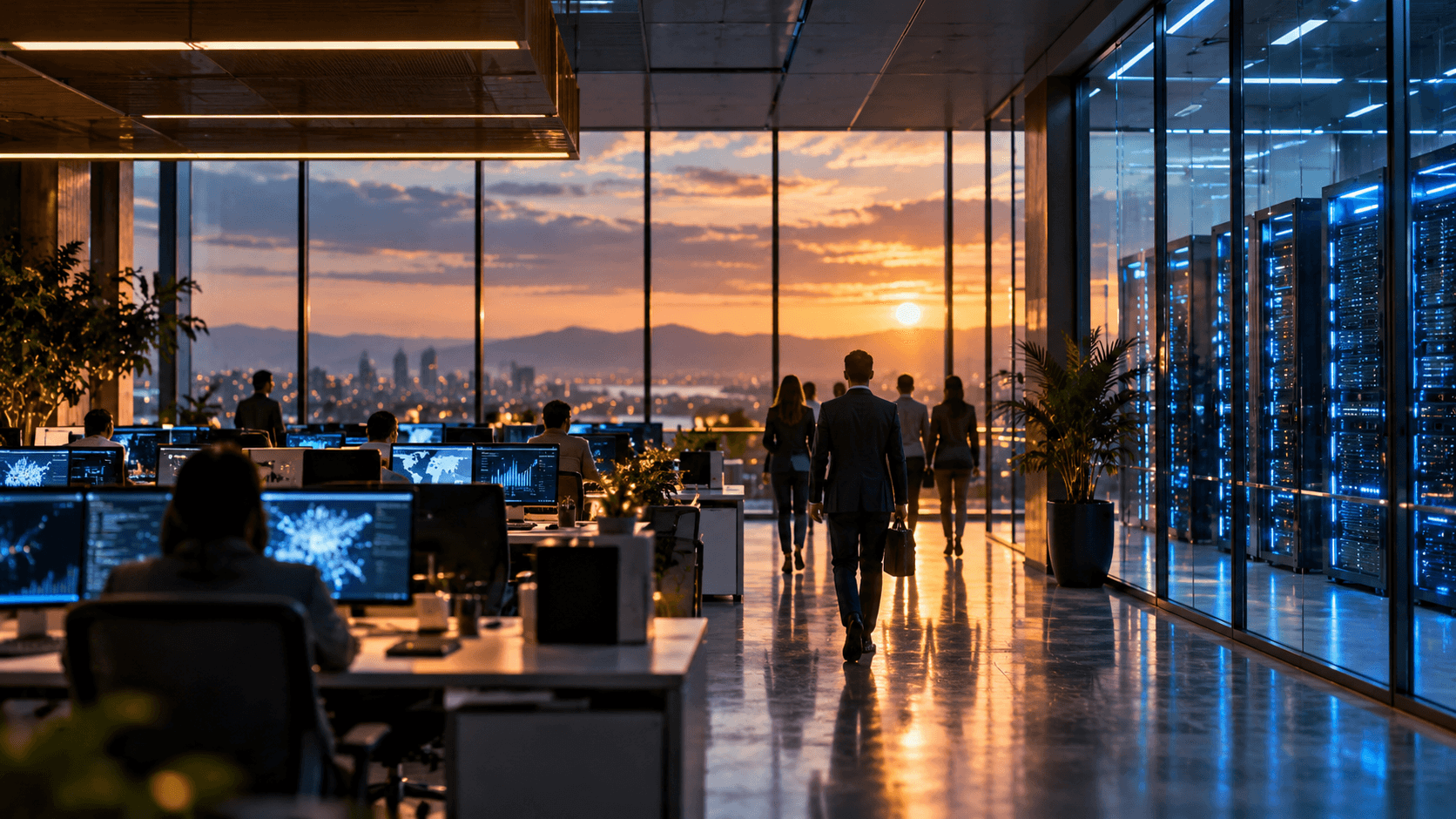 Bureaux modernes avec des salariés, des écrans informatiques et des serveurs d'intelligence artificielle, illustrant la transformation de l'emploi chez Microsoft en 2026.