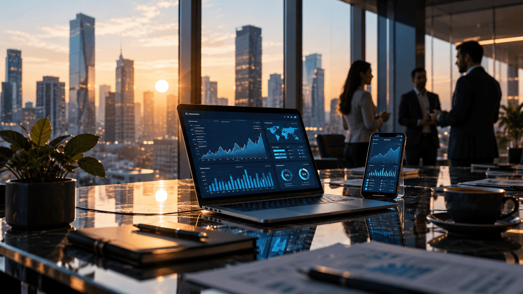 Bureau financier moderne avec ordinateur et smartphone affichant des graphiques, illustrant les résultats de SoFi Technologies et la croissance des banques numériques en 2026.